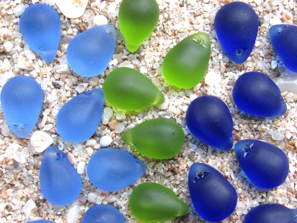 Cultured Sea Glass Teardrop Pendants — Dark Blue Green, Frosted, 14x10mm, Tip-Drilled Beads