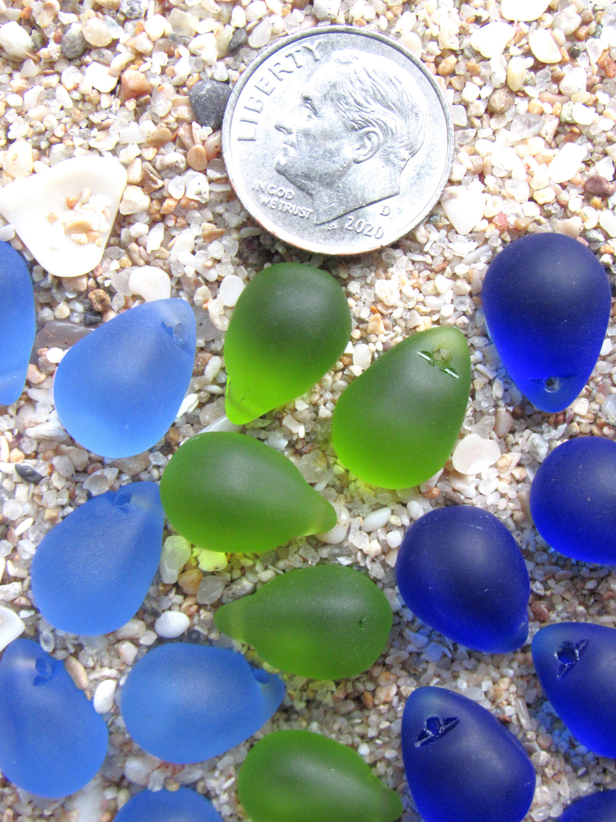 Cultured Sea Glass Teardrop Pendants — Dark Blue Green, Frosted, 14x10mm, Tip-Drilled Beads