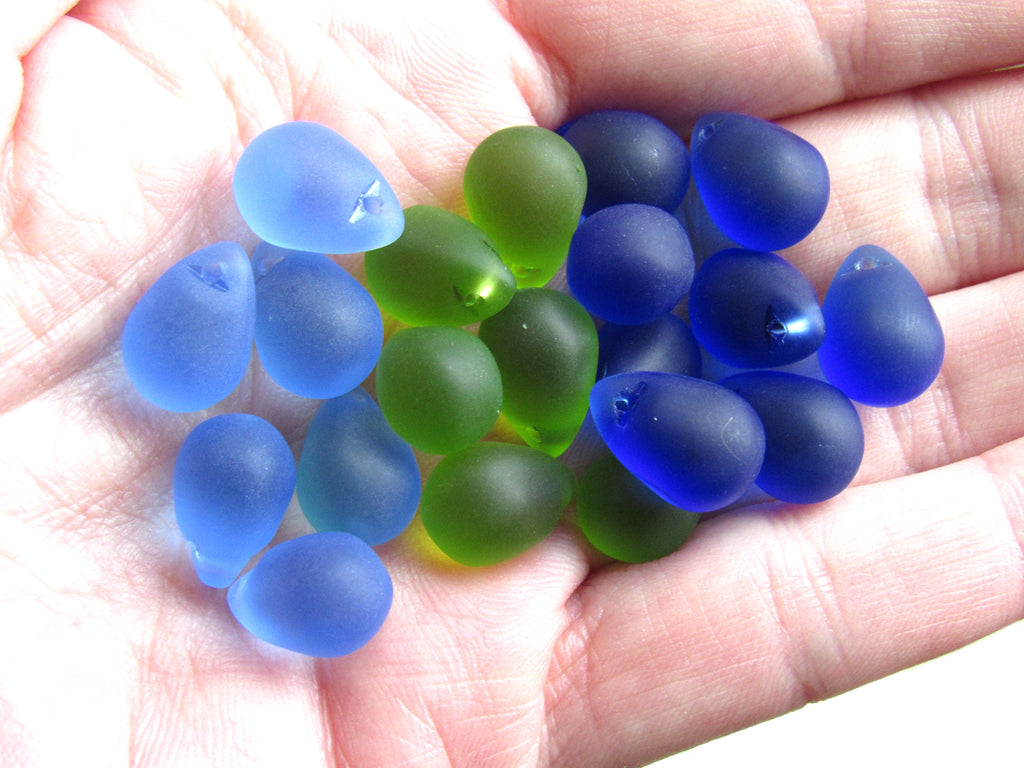 Cultured Sea Glass Teardrop Pendants — Dark Blue Green, Frosted, 14x10mm, Tip-Drilled Beads