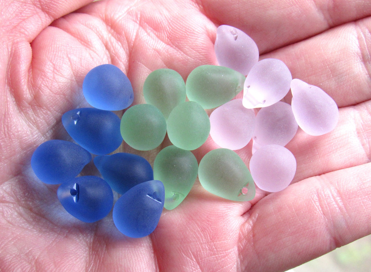 Cultured Sea Glass Teardrop Pendants — Assorted colors, Frosted, 14x10mm, Tip-Drilled Beads