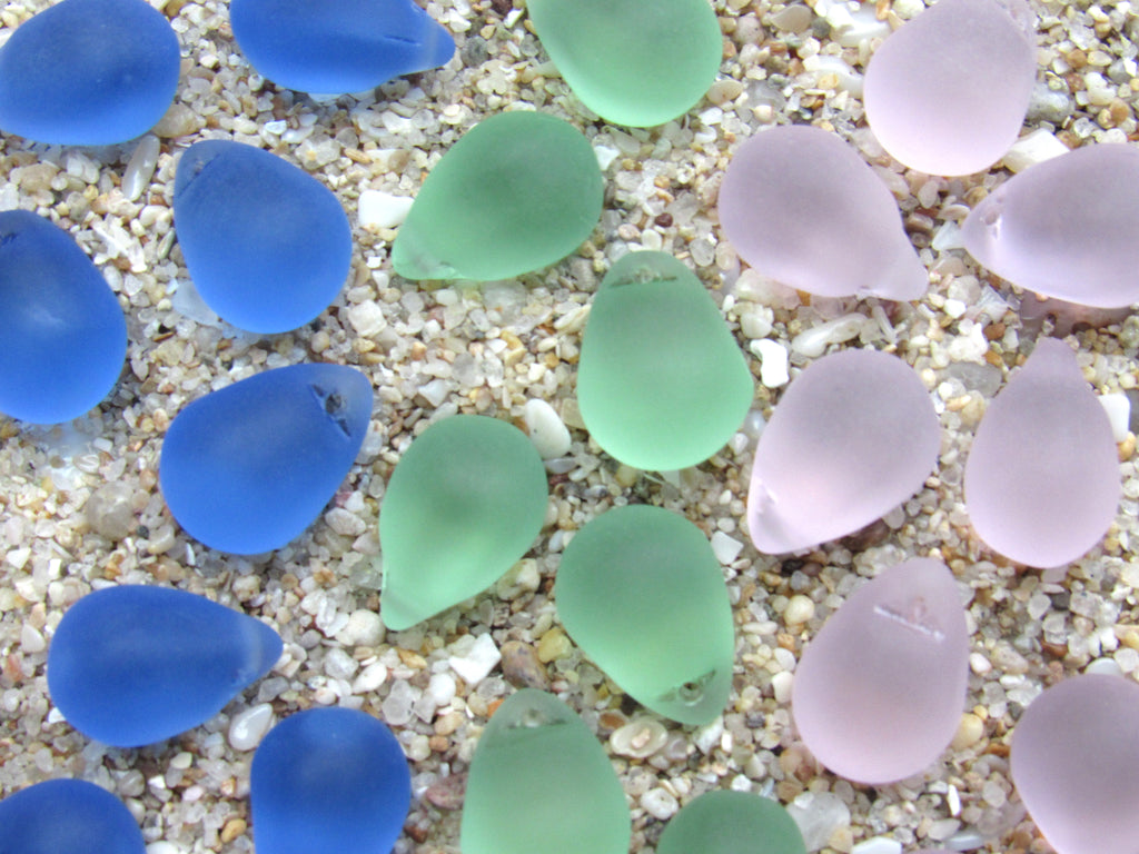 Cultured Sea Glass Teardrop Pendants — Assorted colors, Frosted, 14x10mm, Tip-Drilled Beads