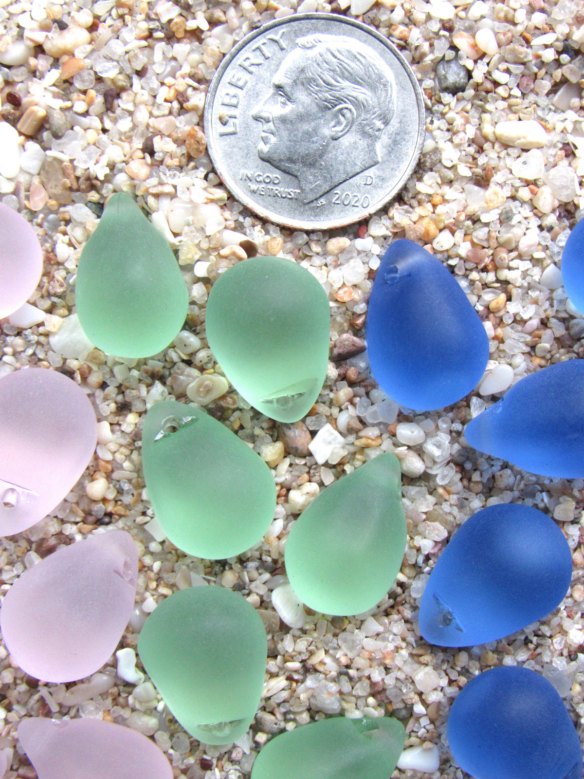 Cultured Sea Glass Teardrop Pendants — Assorted colors, Frosted, 14x10mm, Tip-Drilled Beads
