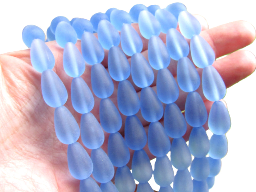 Light Sapphire Blue Cultured Sea Glass Teardrop Beads, 16x10mm, 12-Bead Strand