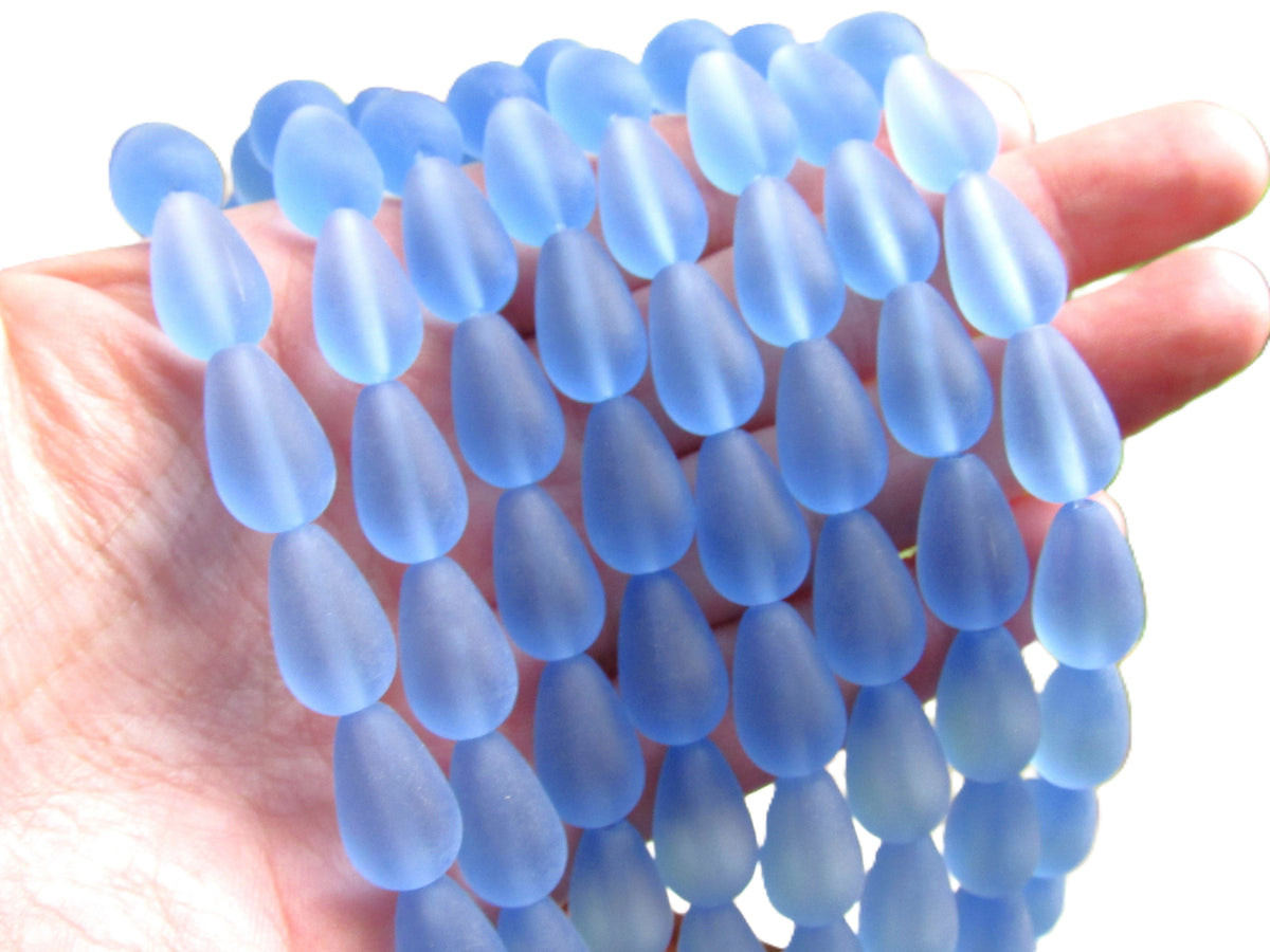 Light Sapphire Blue Cultured Sea Glass Teardrop Beads, 16x10mm, 12-Bead Strand