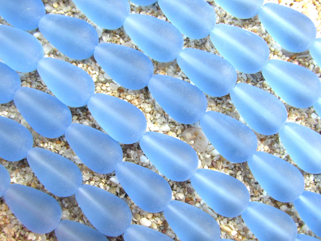 Light Sapphire Blue Cultured Sea Glass Teardrop Beads, 16x10mm, 12-Bead Strand