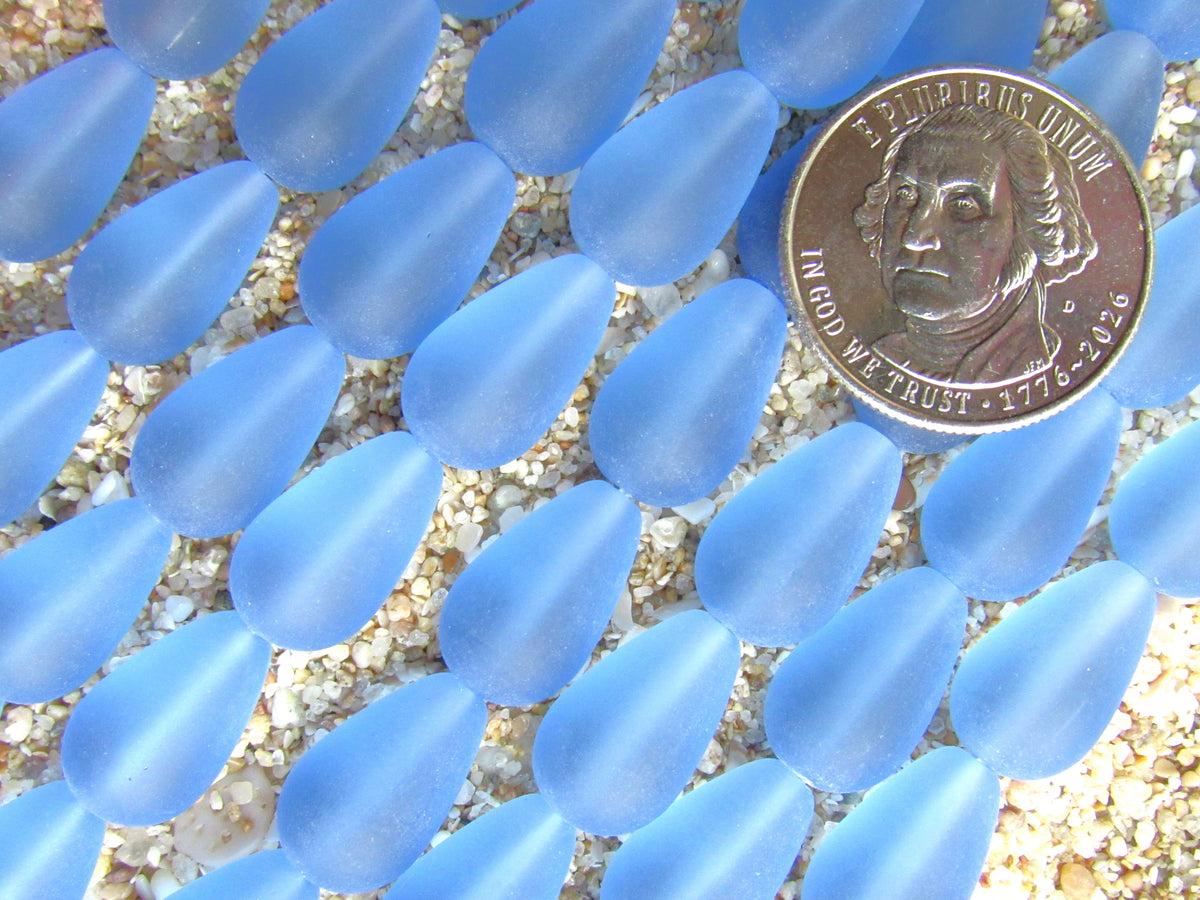 Light Sapphire Blue Cultured Sea Glass Teardrop Beads, 16x10mm, 12-Bead Strand