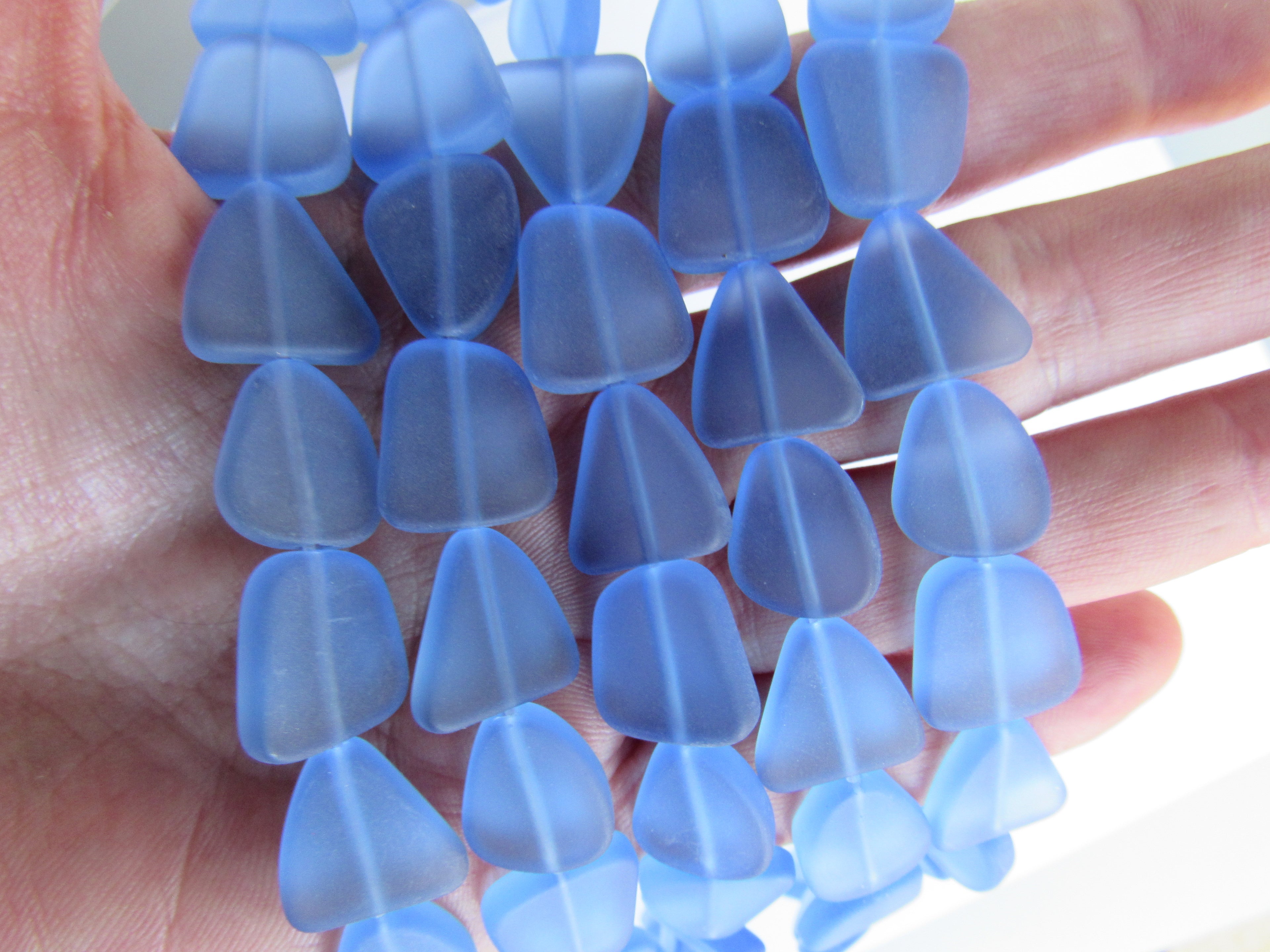 Cultured Sea Glass Beads - 15mm Light Sapphire Blue Flat Freeform Strands