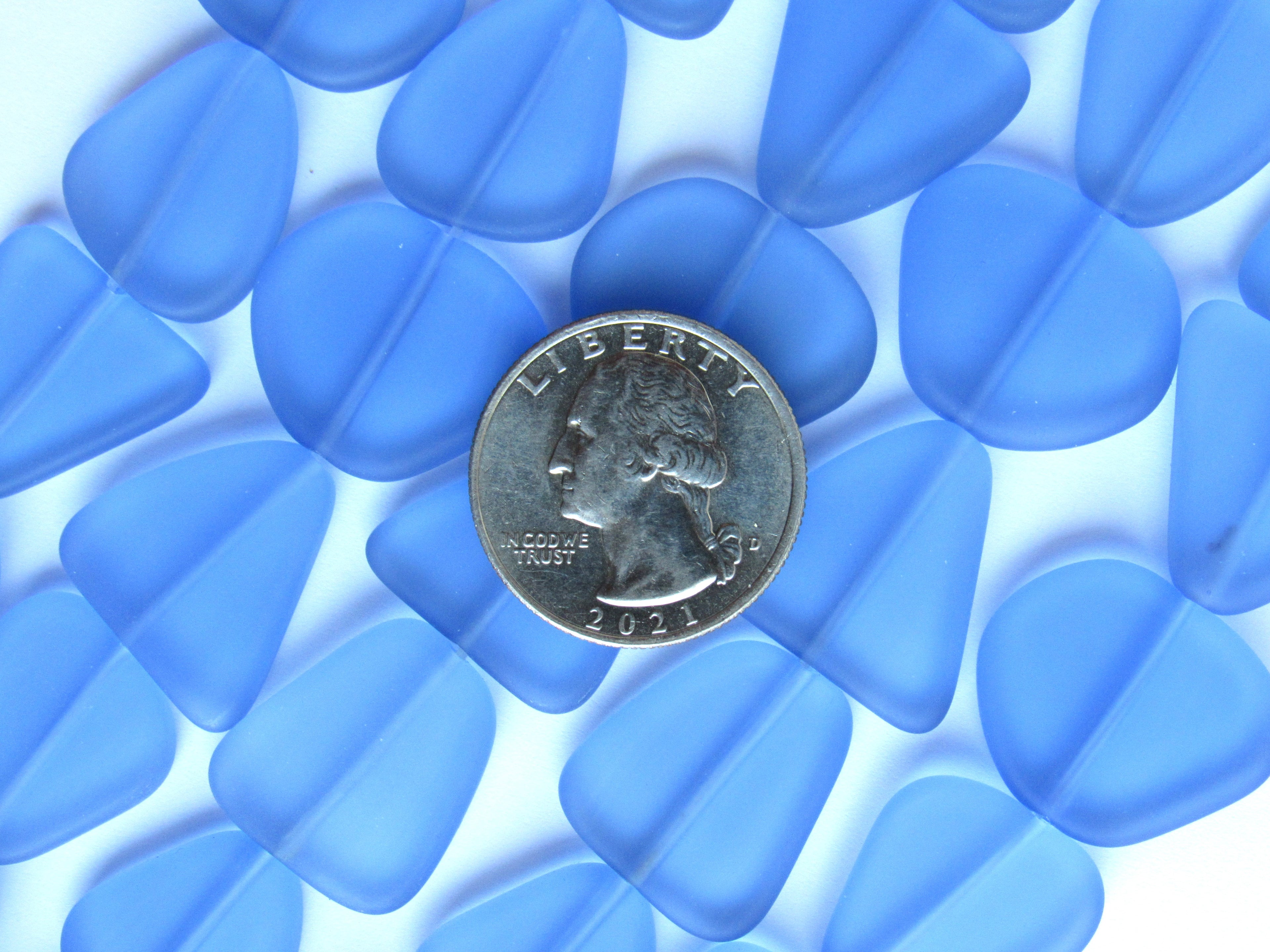 Cultured Sea Glass Beads 22-24mm Freeform - Light Sapphire Blue Frosted