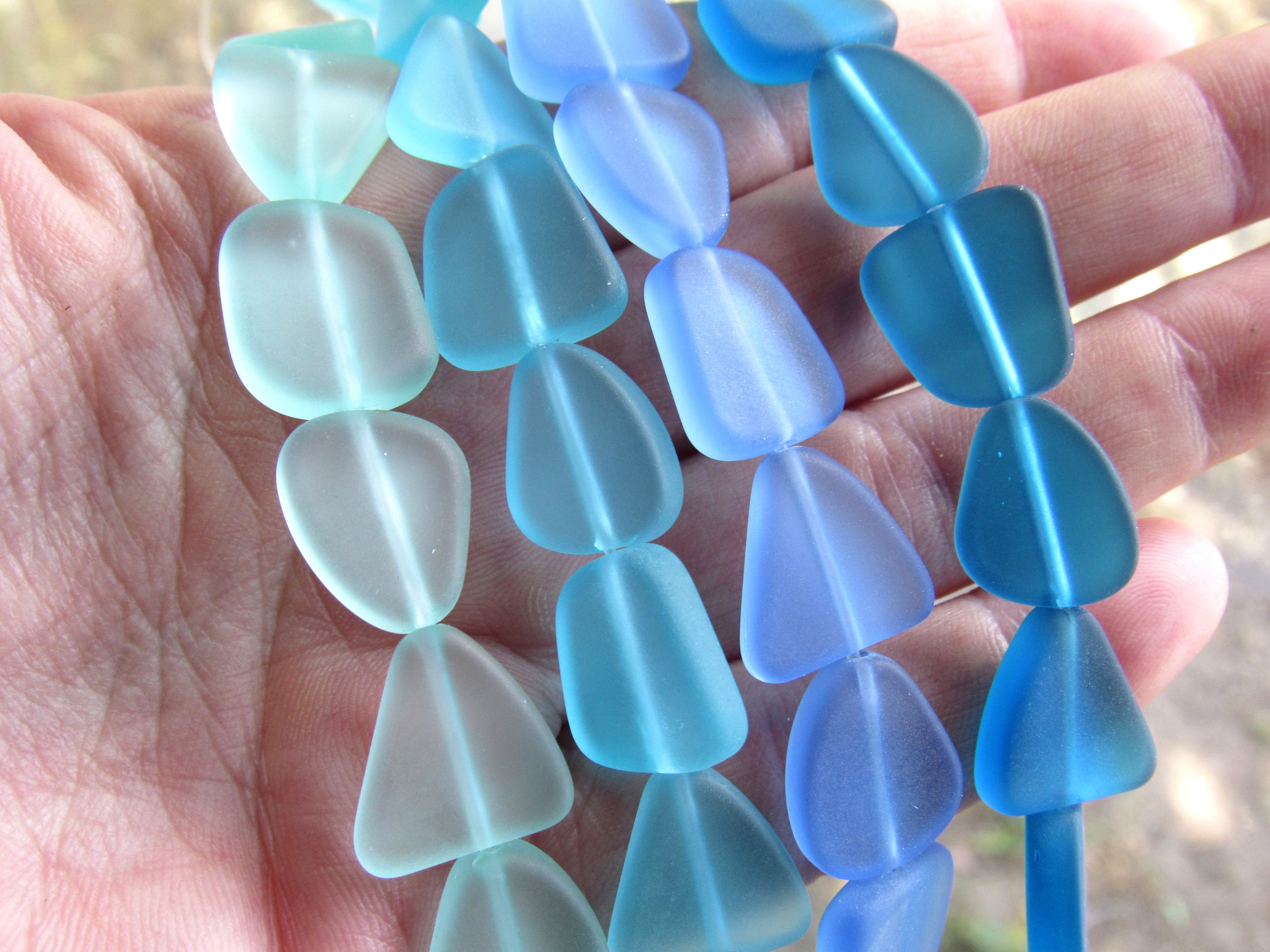 Cultured Sea Glass Beads - 15mm Seafoam Aqua Teal 4 strands -  Flat Frosted Bead supply