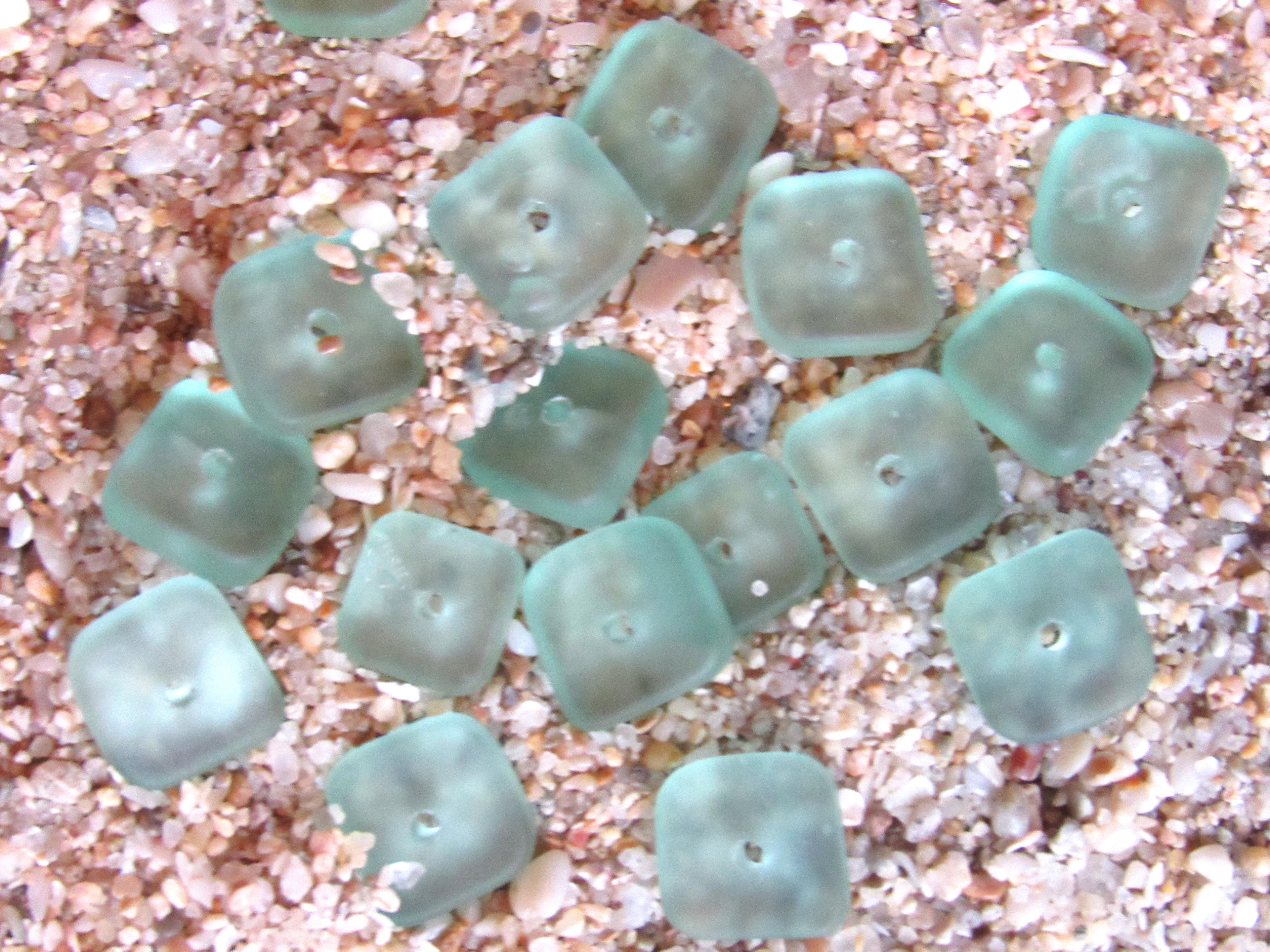 Green Sea Glass Beads 8x9mm Square Spacer - Cultured Center Drilled