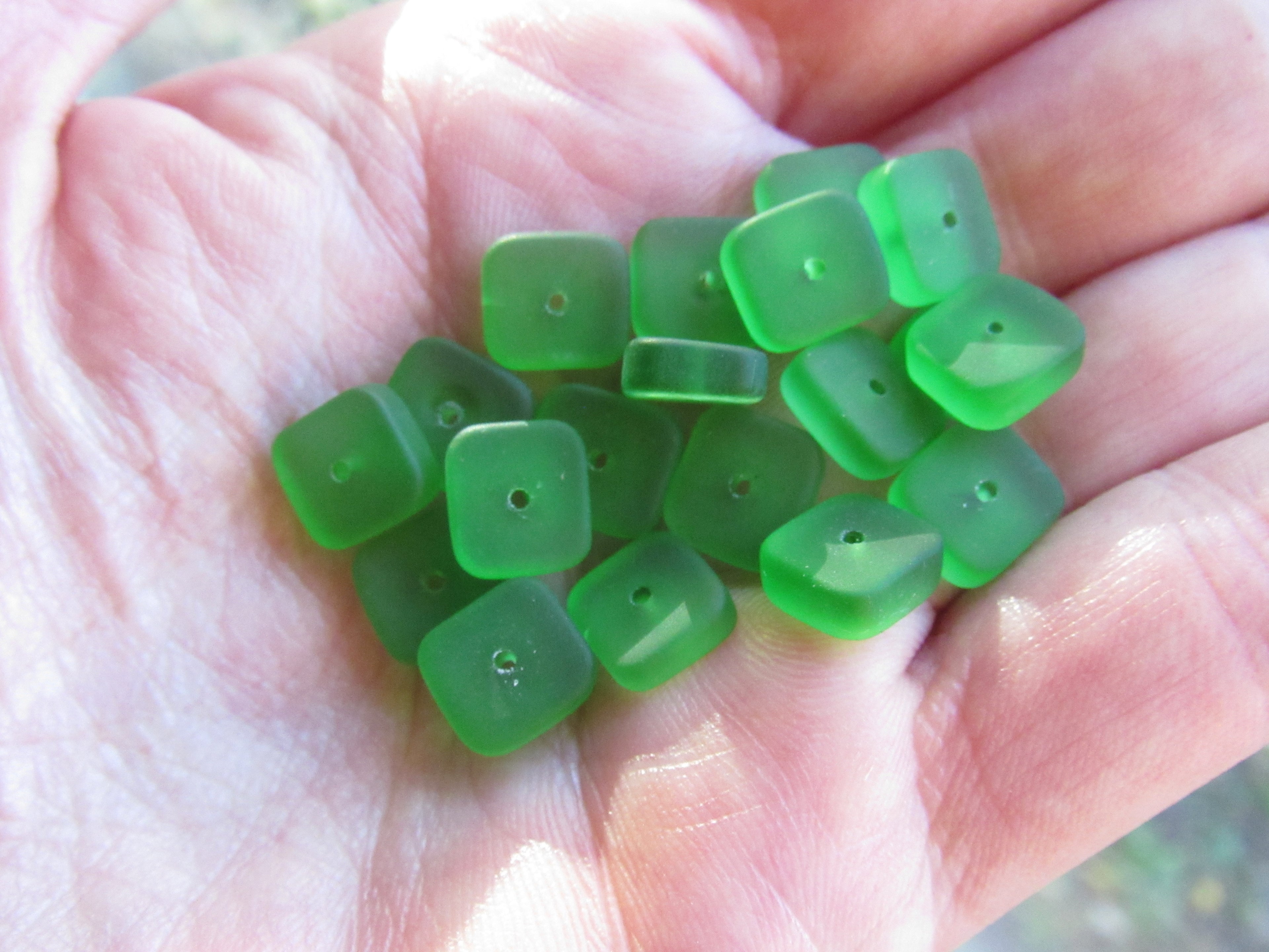Medium Green Sea Glass Beads 8x9mm Square Spacer - Cultured Center Drilled Stacking Bead