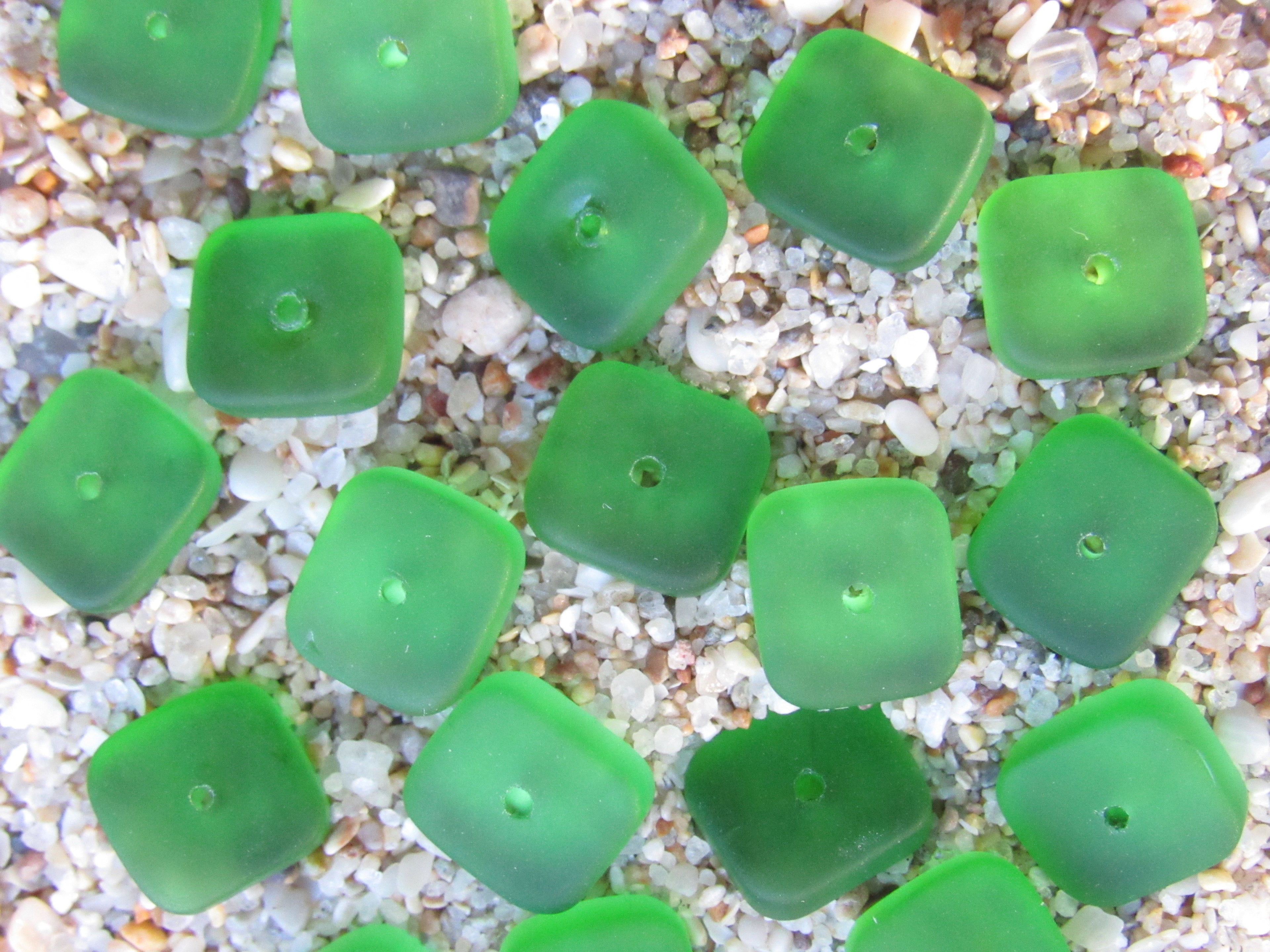 Medium Green Sea Glass Beads 8x9mm Square Spacer - Cultured Center Drilled Stacking Bead