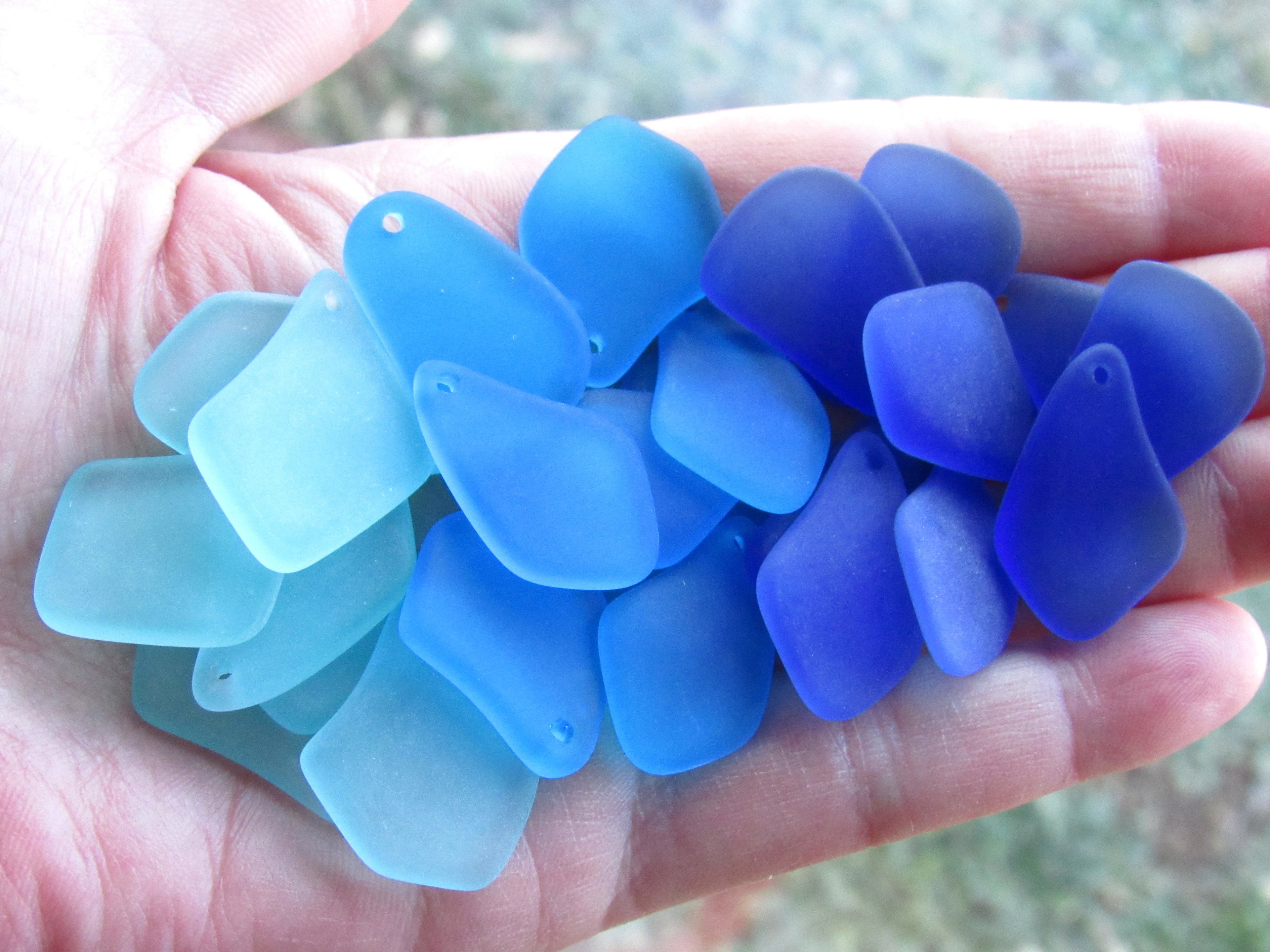 Cultured Sea Glass Pendants - 1" Freeform Assorted Aqua Blue Frosted