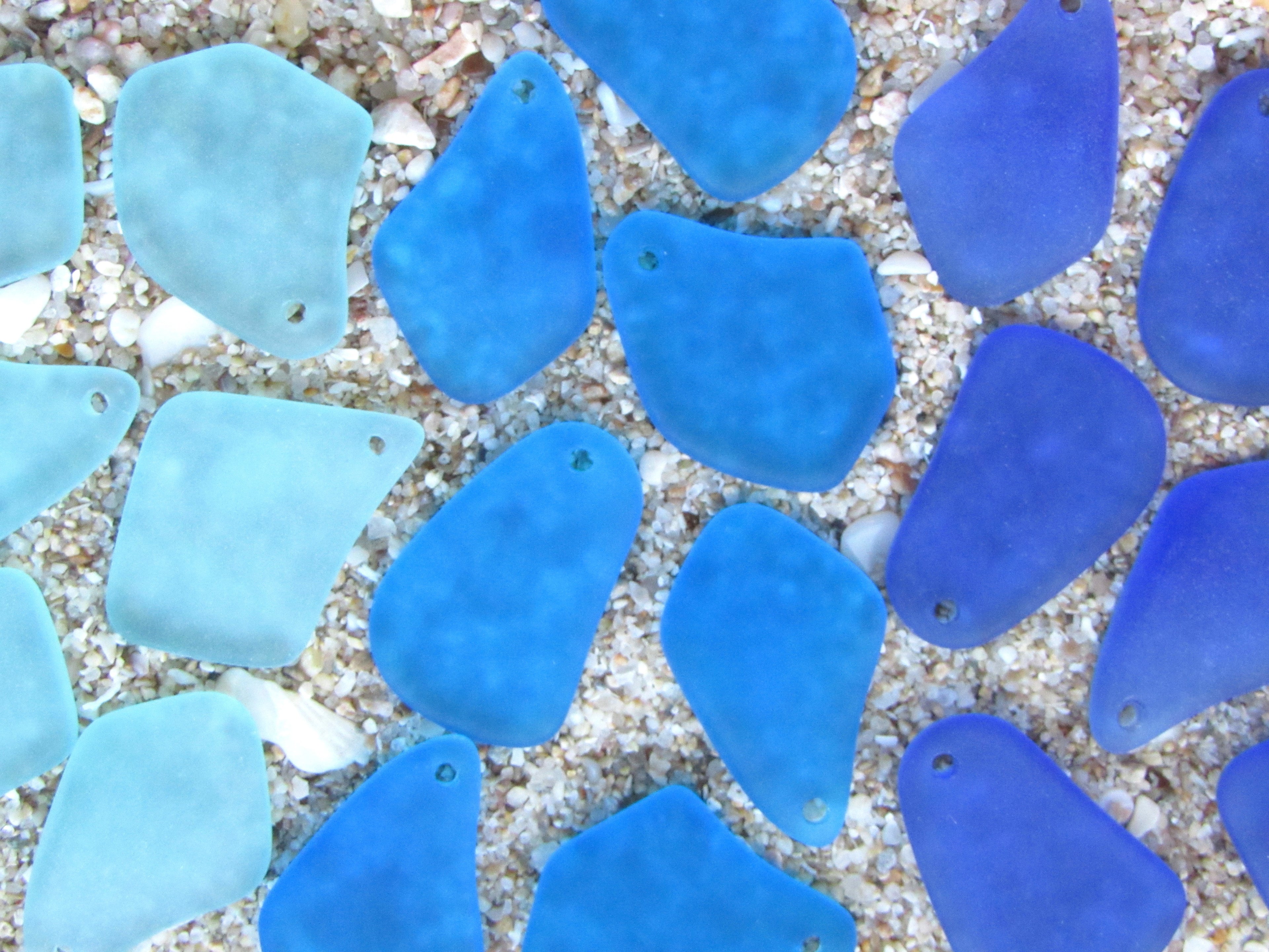 Cultured Sea Glass Pendants - 1" Freeform Assorted Aqua Blue Frosted