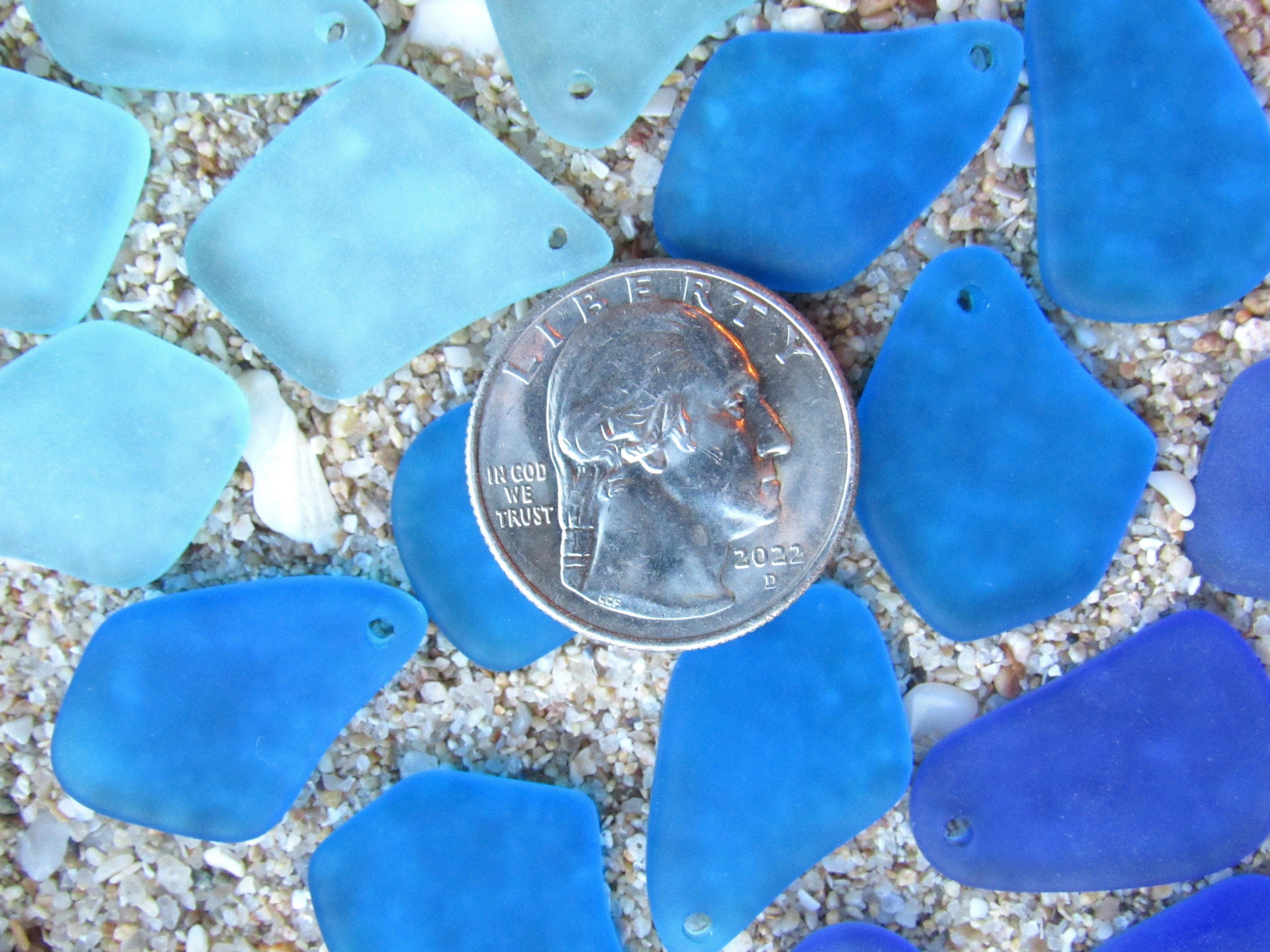 Cultured Sea Glass Pendants - 1" Freeform Assorted Aqua Blue Frosted