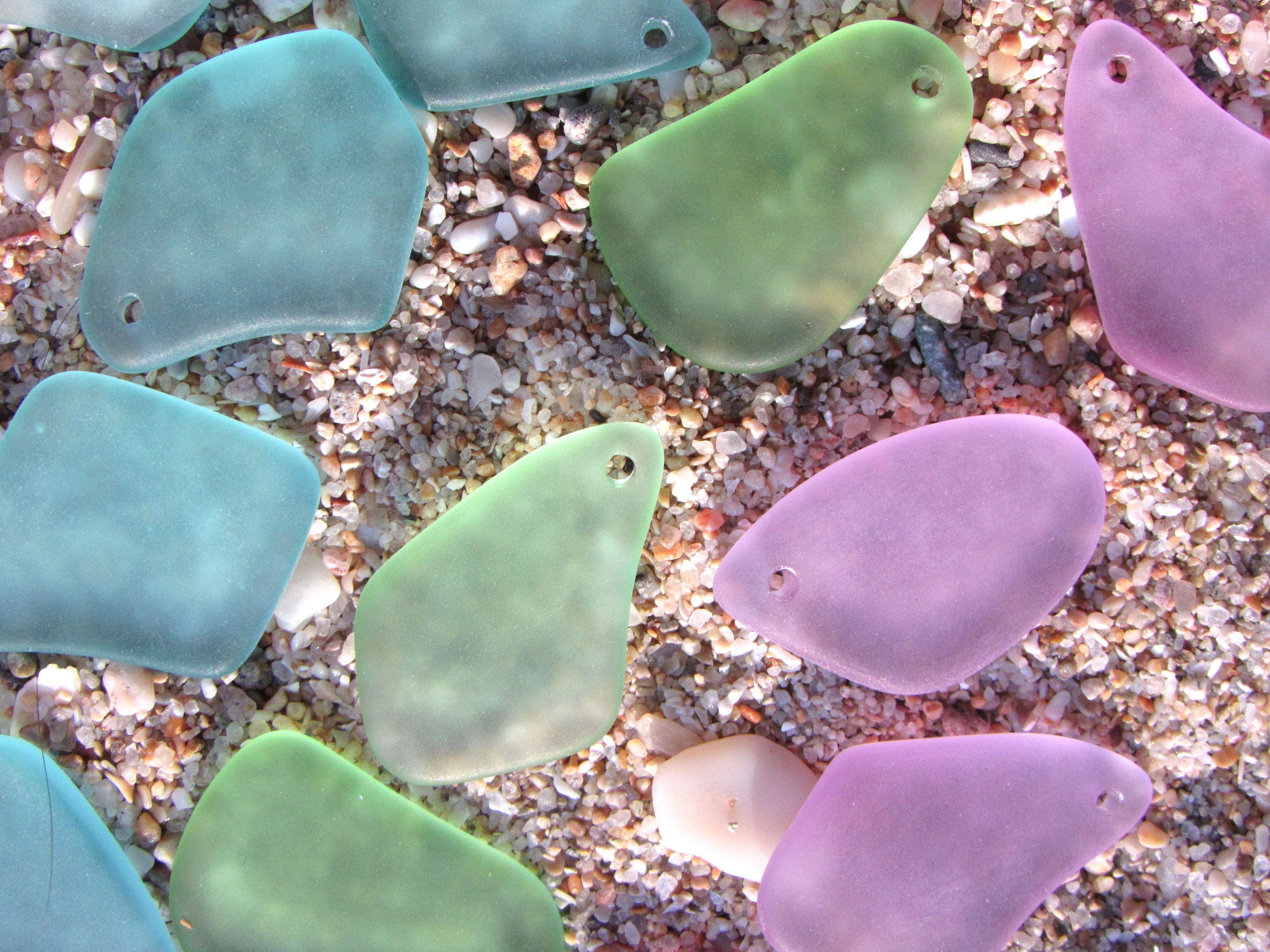 Frosted Cultured Sea Glass Pendants - 1" Freeform Assorted Seafoam Green Light Purple