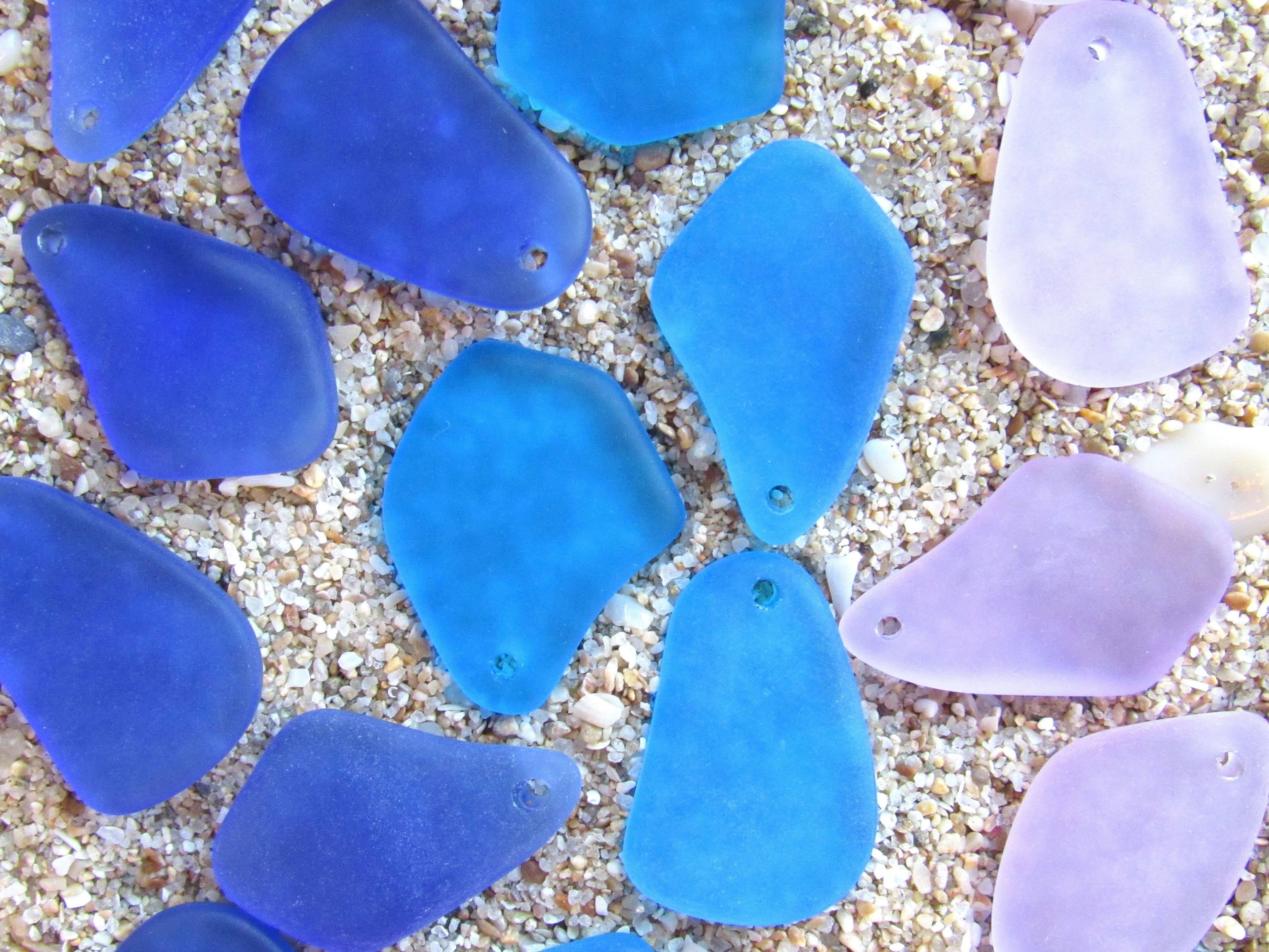 Frosted Cultured Sea Glass Pendants - 1" Freeform Assorted Purple Blue colors