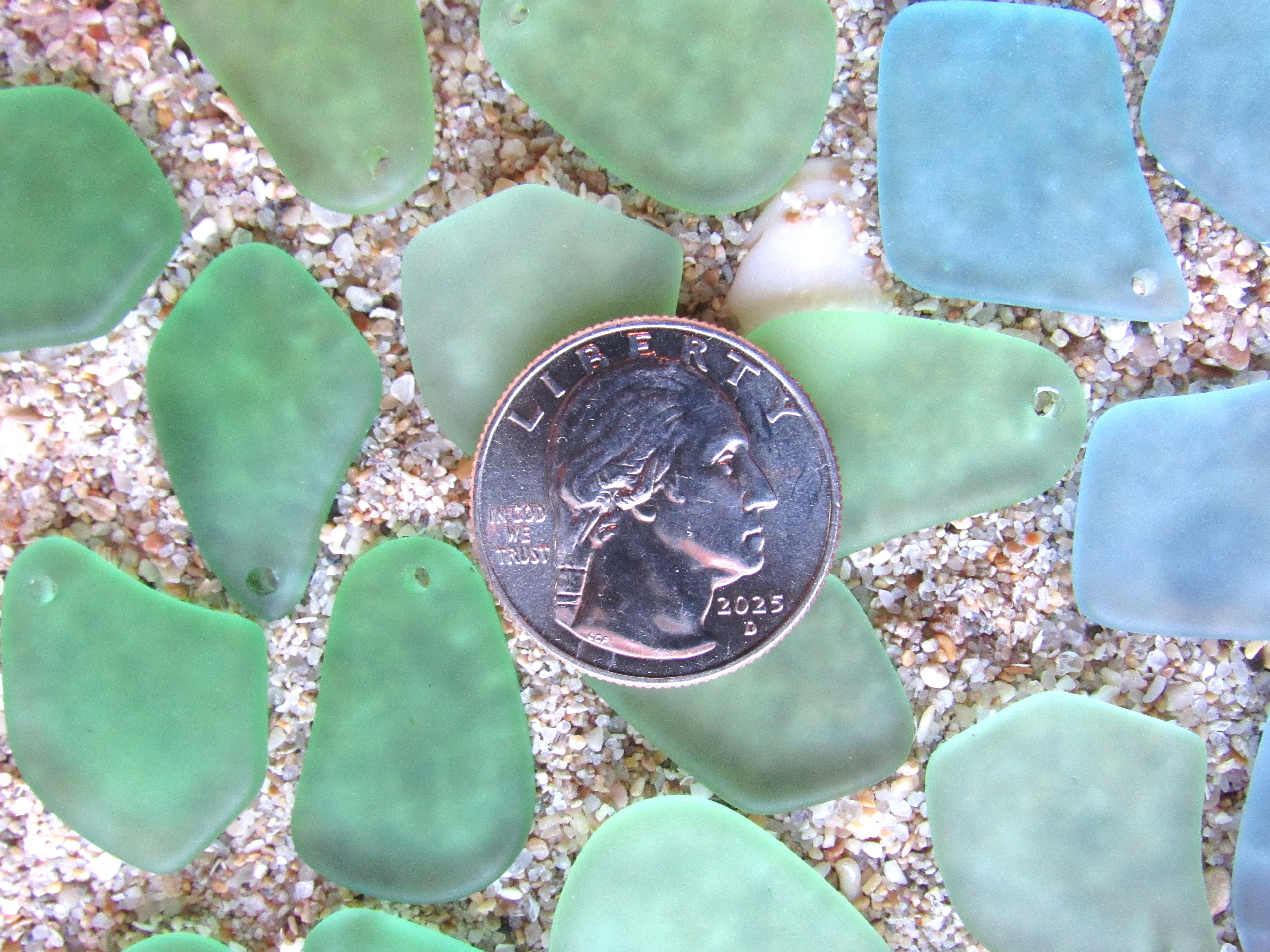 Frosted Cultured Sea Glass Pendants - 1" Freeform Assorted Green