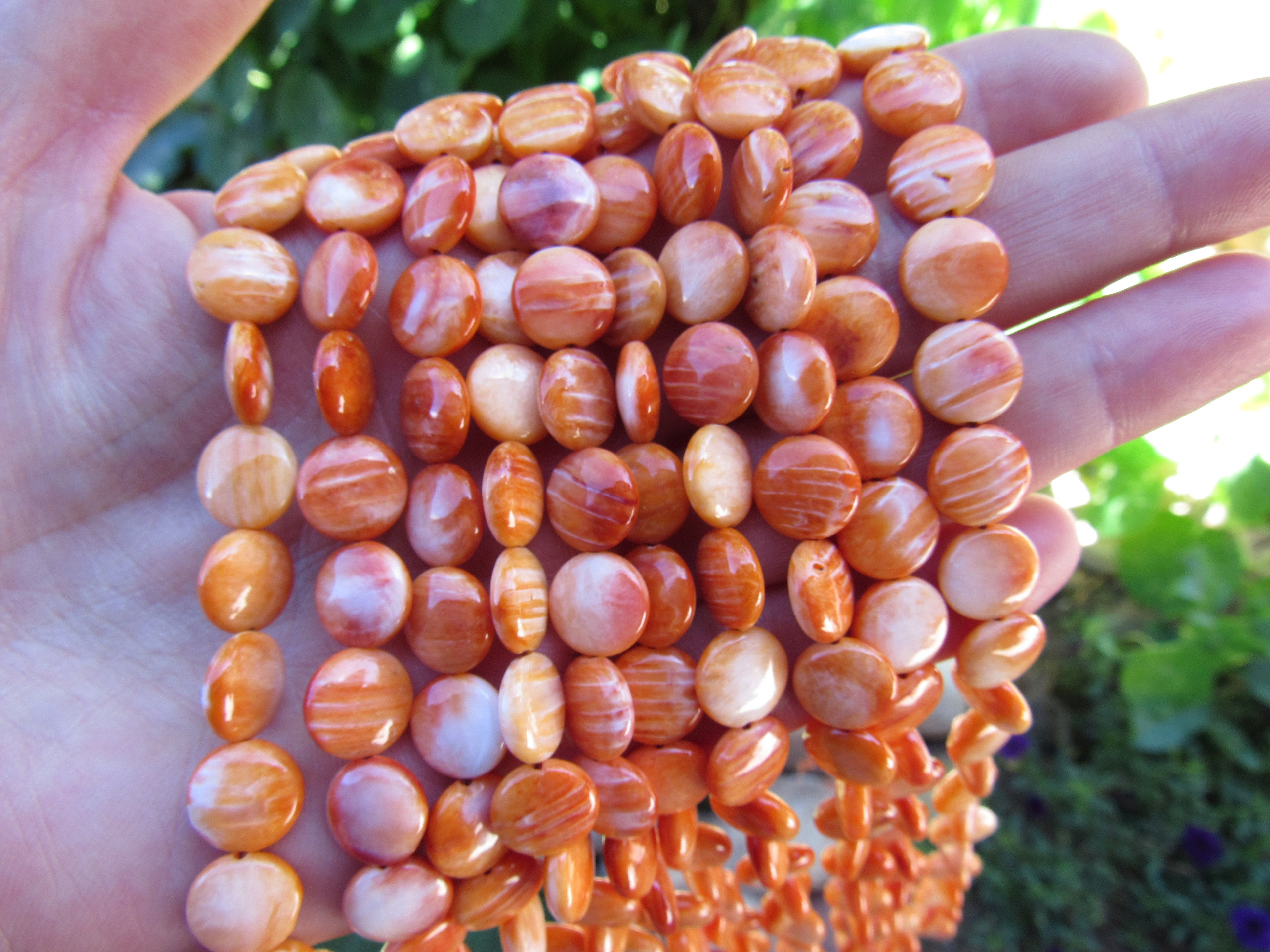 Natural Orange Spiny Oyster Shell Beads - 10mm Coin