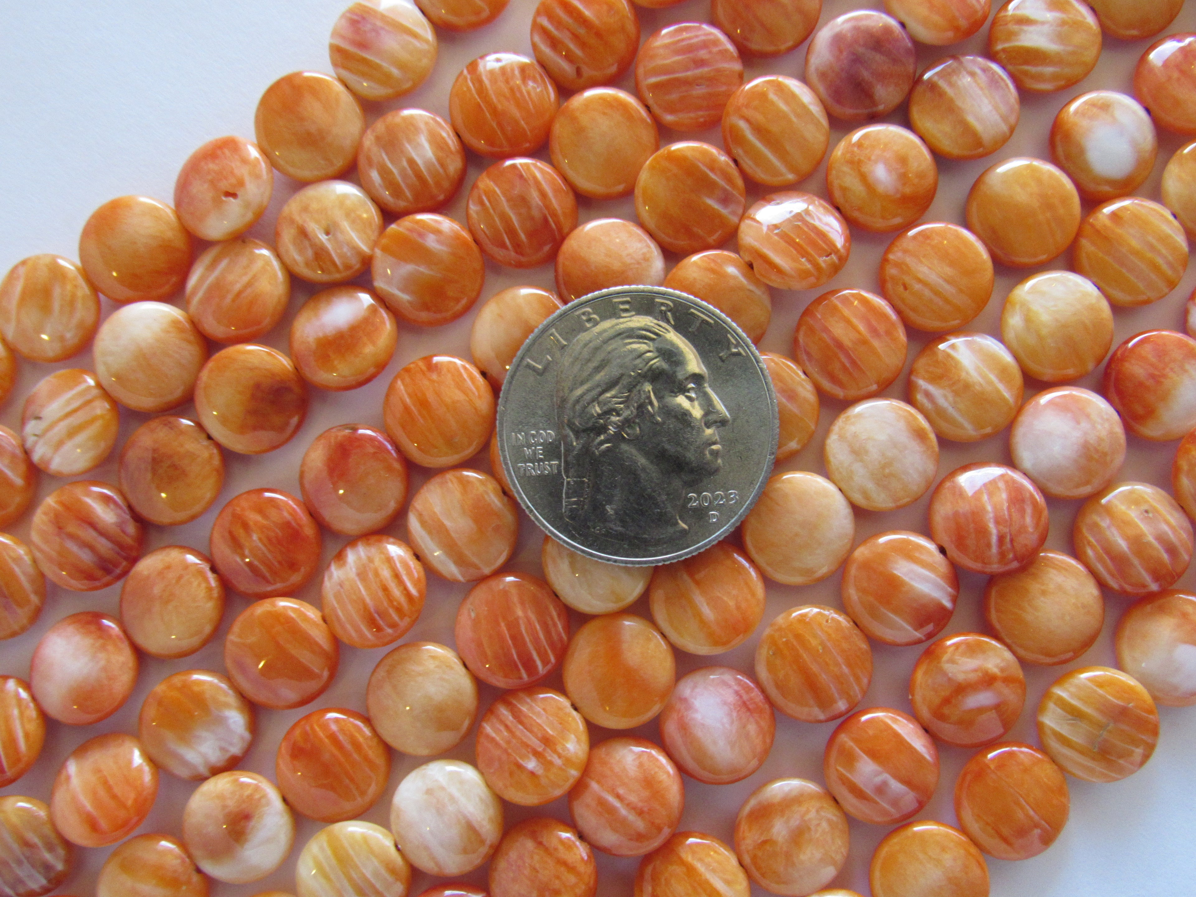 Natural Orange Spiny Oyster Shell Beads - 10mm Coin