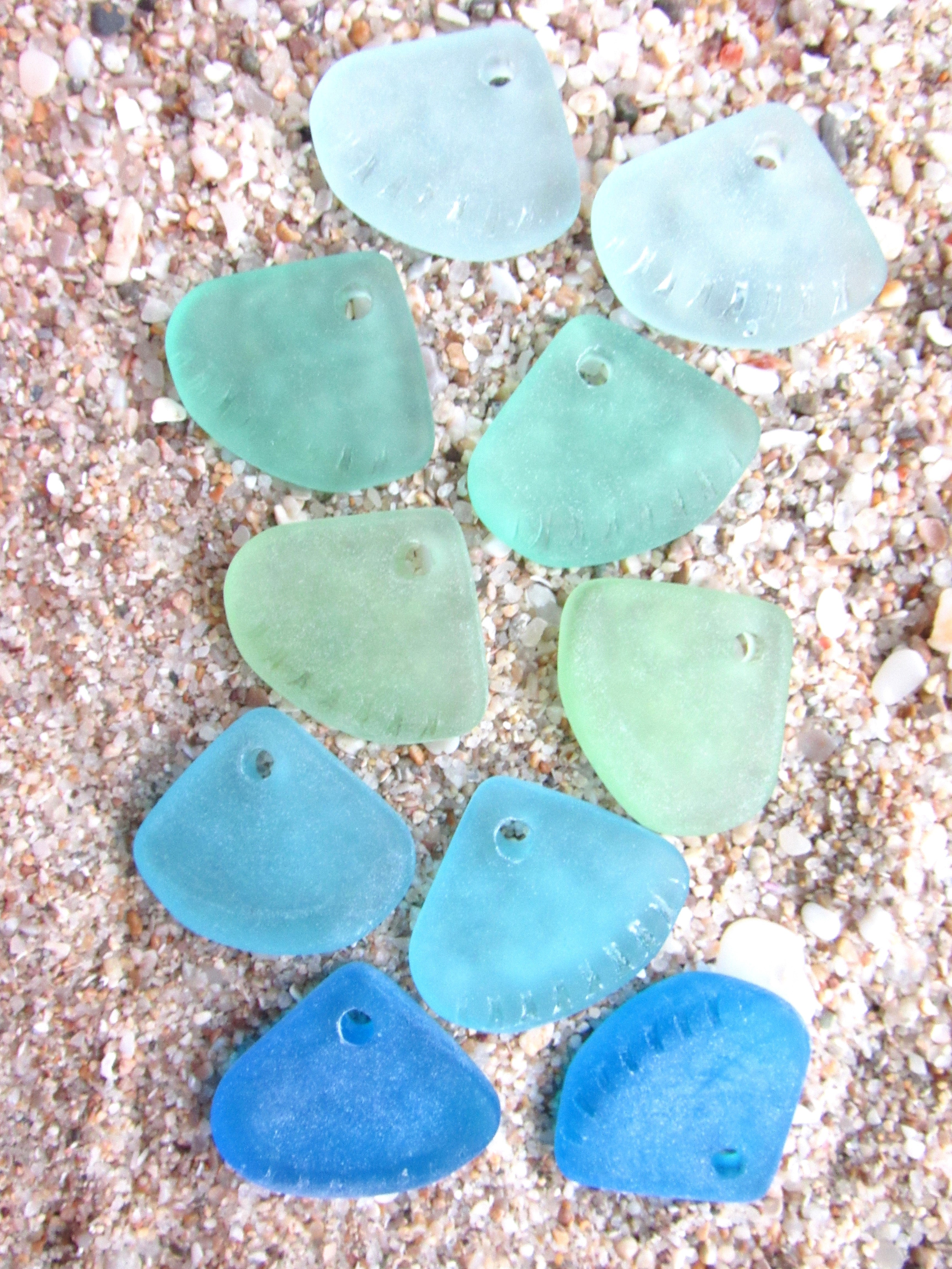 Ridged Triangle Cultured Sea Glass PENDANTS 24x20mm Aqua seafoam top drilled large hole