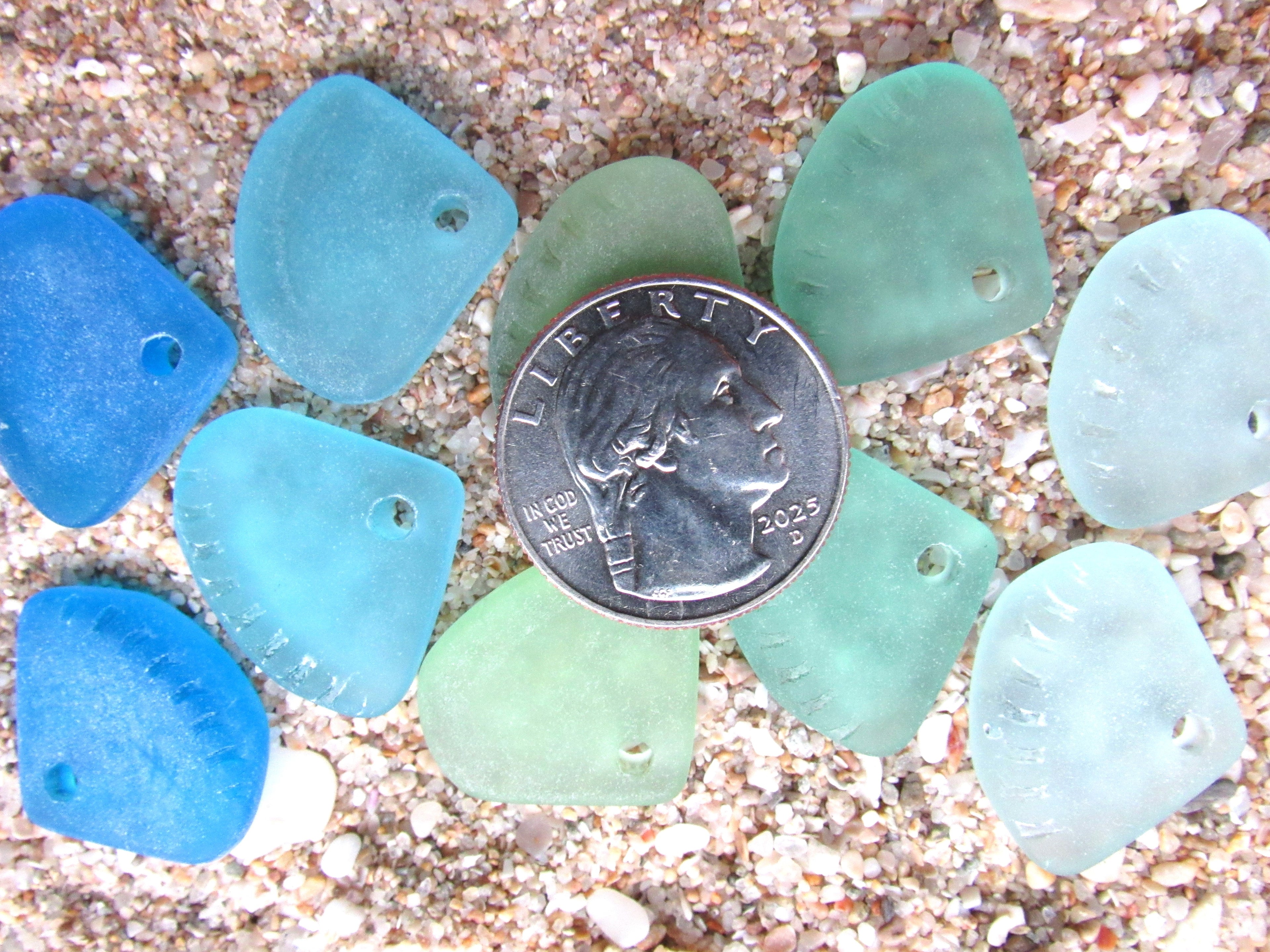 Ridged Triangle Cultured Sea Glass PENDANTS 24x20mm Aqua seafoam top drilled large hole