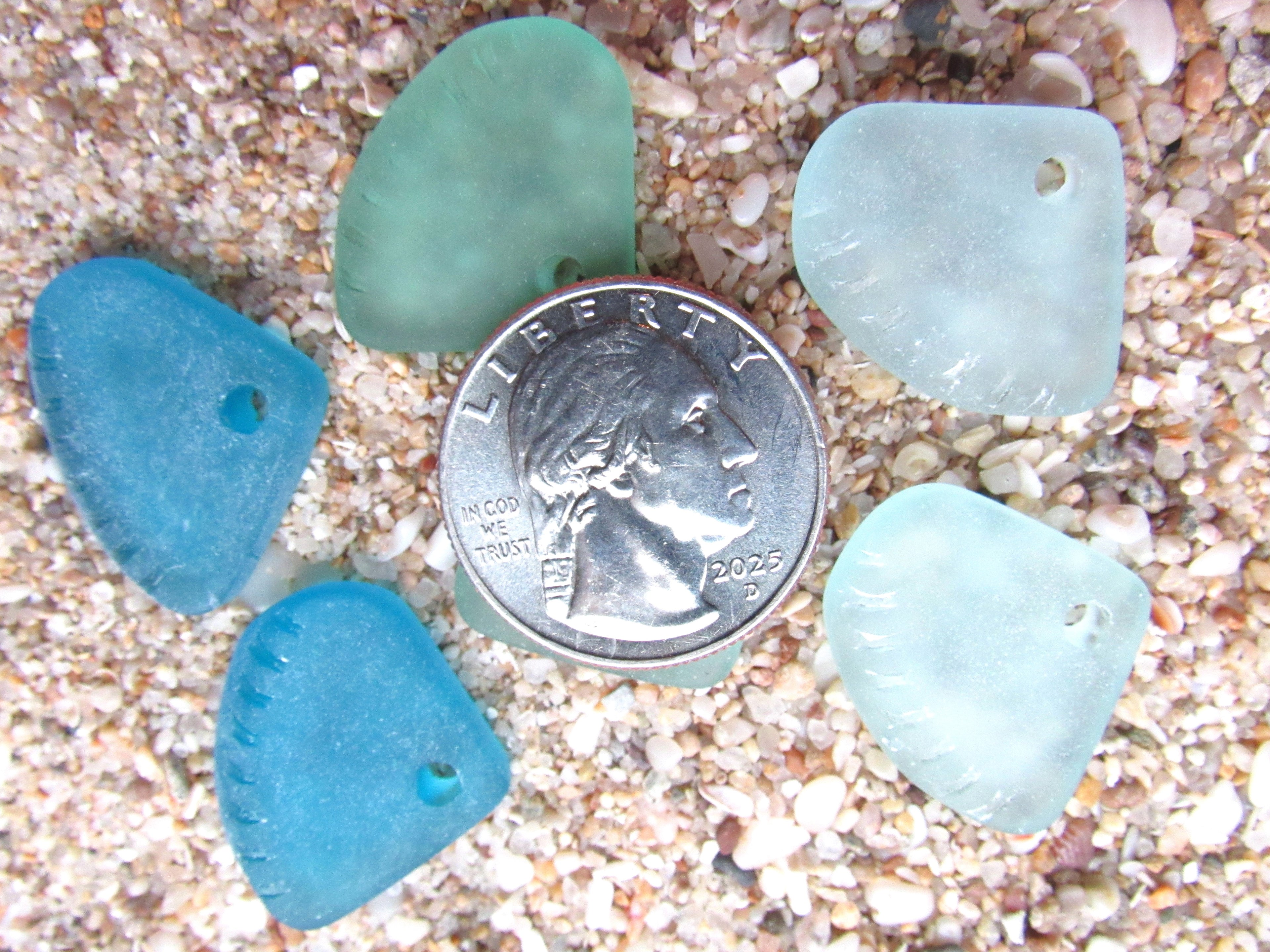 Cultured Sea Glass Pendants 24x20mm - Light Aqua colors, Ridged Triangle, Large 3mm Hole, 3 Pairs (6 pcs)