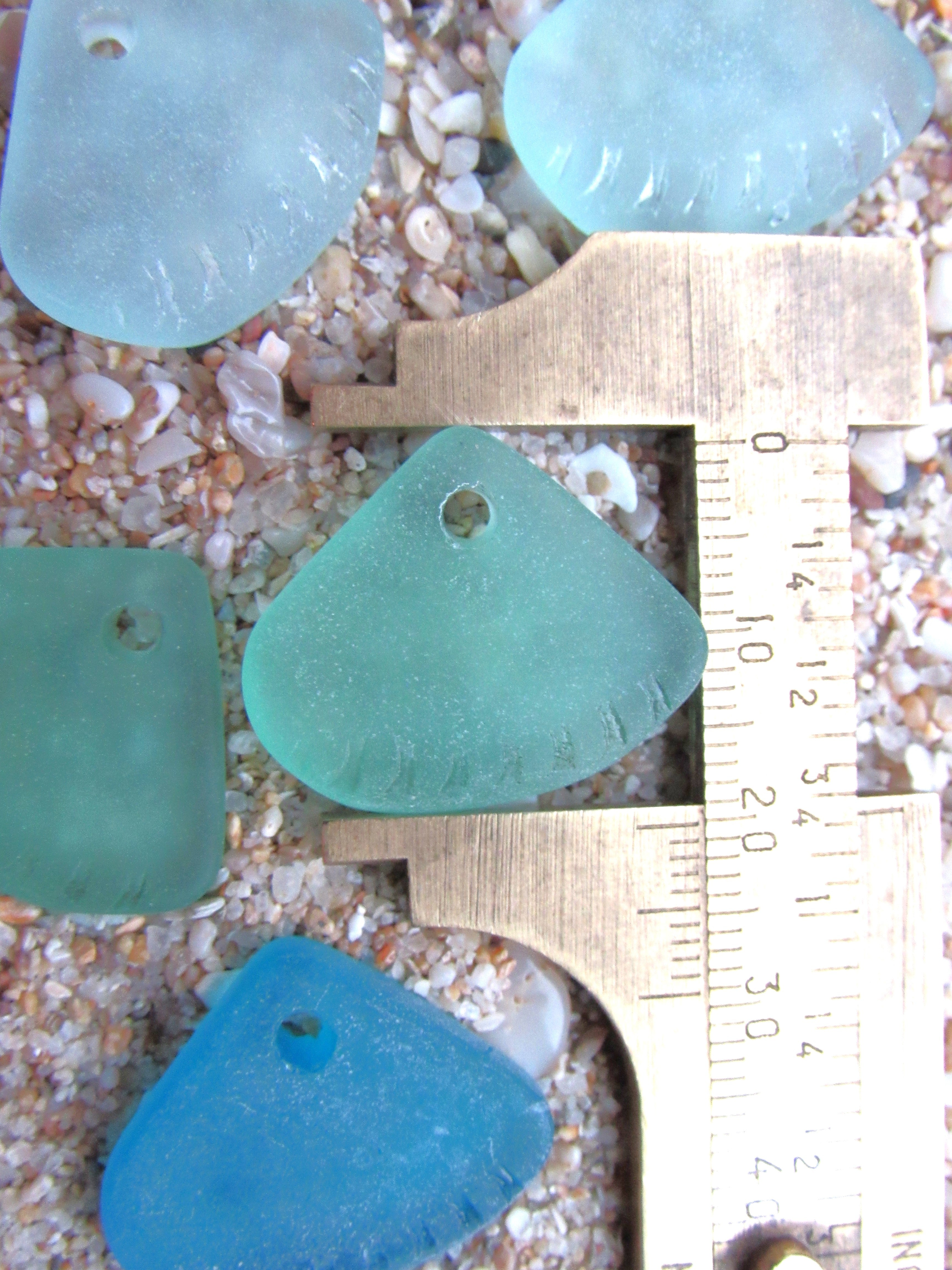 Cultured Sea Glass Pendants 24x20mm - Light Aqua colors, Ridged Triangle, Large 3mm Hole, 3 Pairs (6 pcs)