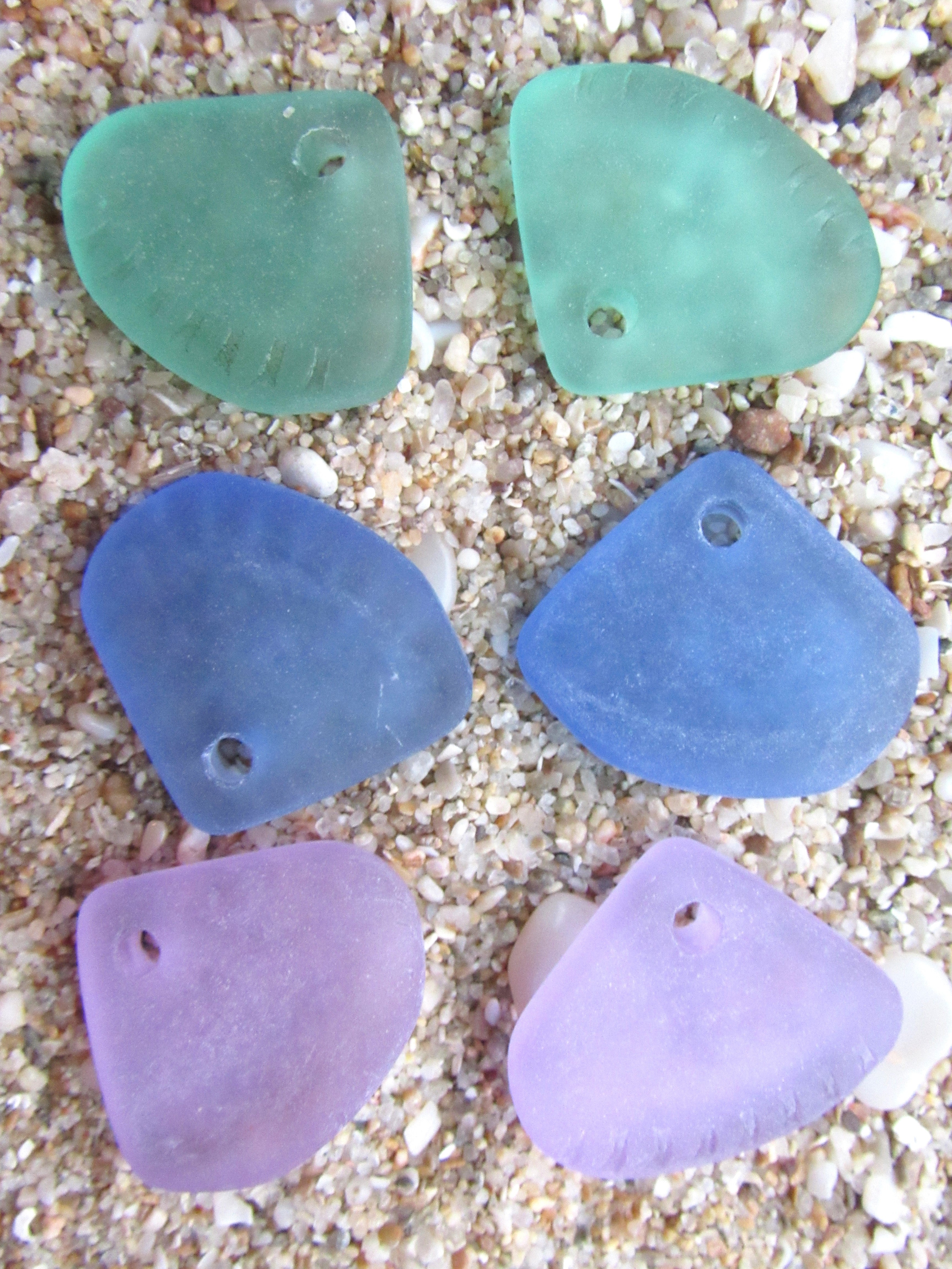 Cultured Sea Glass Pendants - 24x20mm Triangle, Assorted colors, Large 3mm hole, Making Jewelry (3 Pairs)