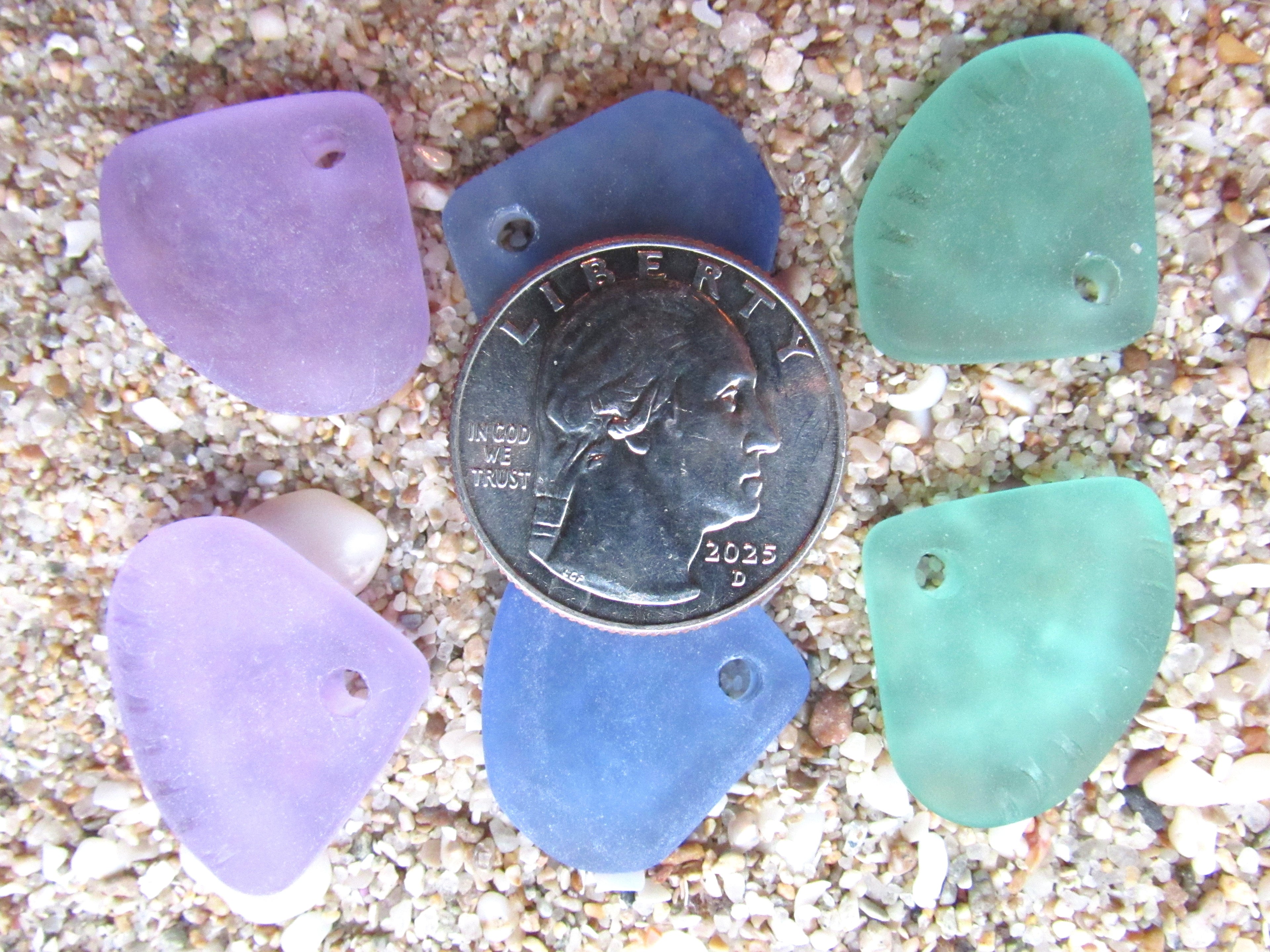 Cultured Sea Glass Pendants - 24x20mm Triangle, Assorted colors, Large 3mm hole, Making Jewelry (3 Pairs)