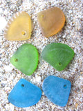 Cultured Sea Glass Pendants 24x20mm - Blue Green Yellow, Ridged Triangle, Large 3mm Hole, 3 Pairs (6 pcs)