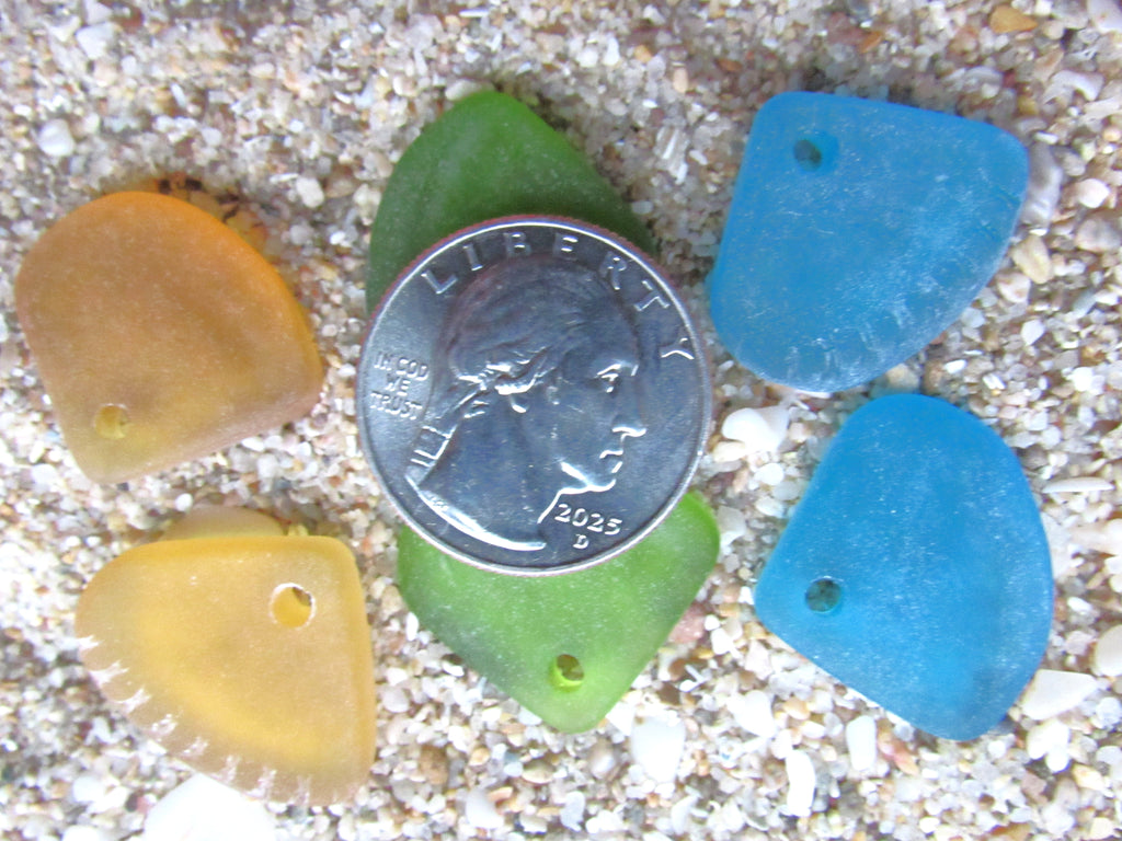 Cultured Sea Glass Pendants 24x20mm - Blue Green Yellow, Ridged Triangle, Large 3mm Hole, 3 Pairs (6 pcs)