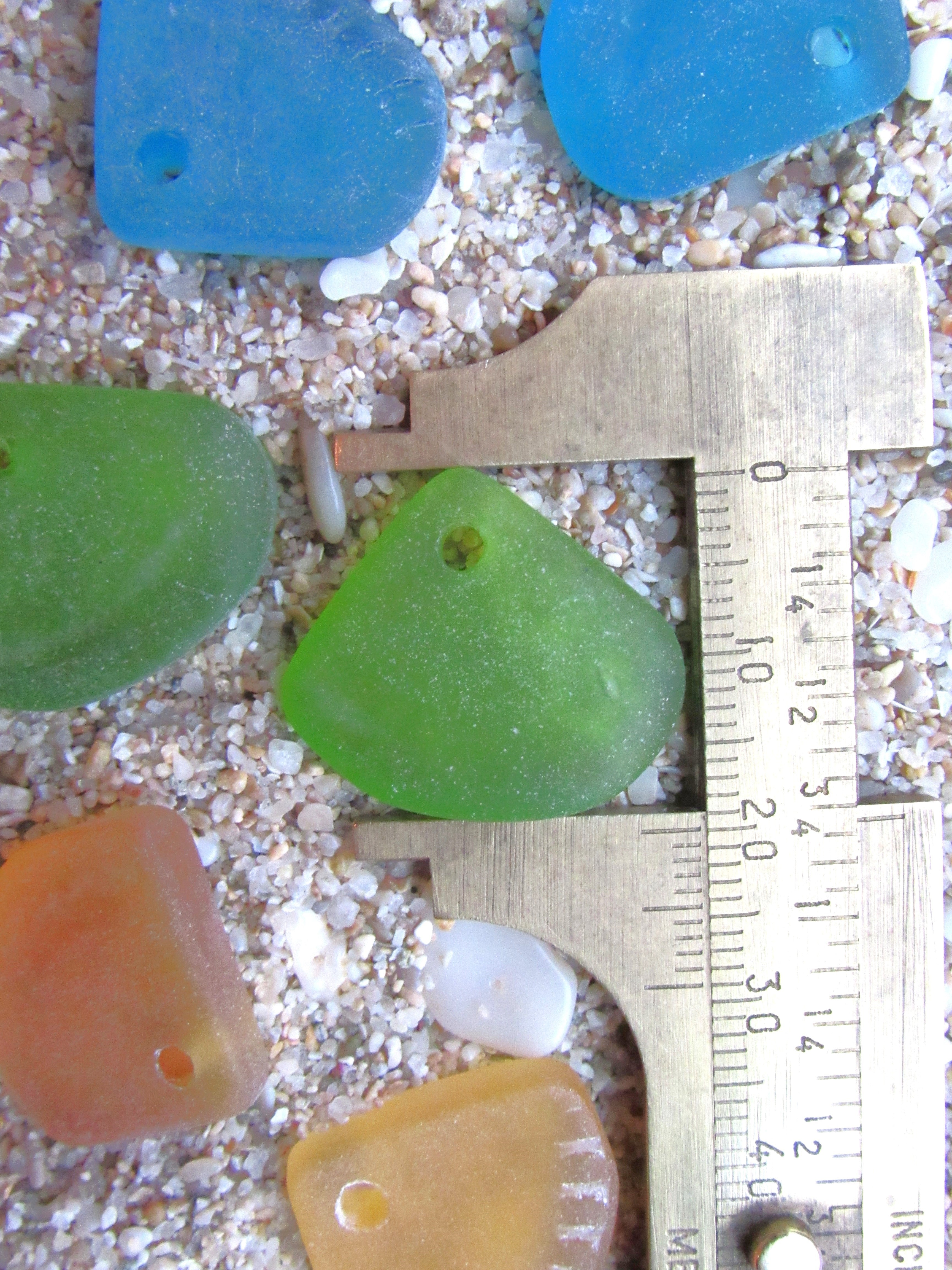 Cultured Sea Glass Pendants 24x20mm - Blue Green Yellow, Ridged Triangle, Large 3mm Hole, 3 Pairs (6 pcs)
