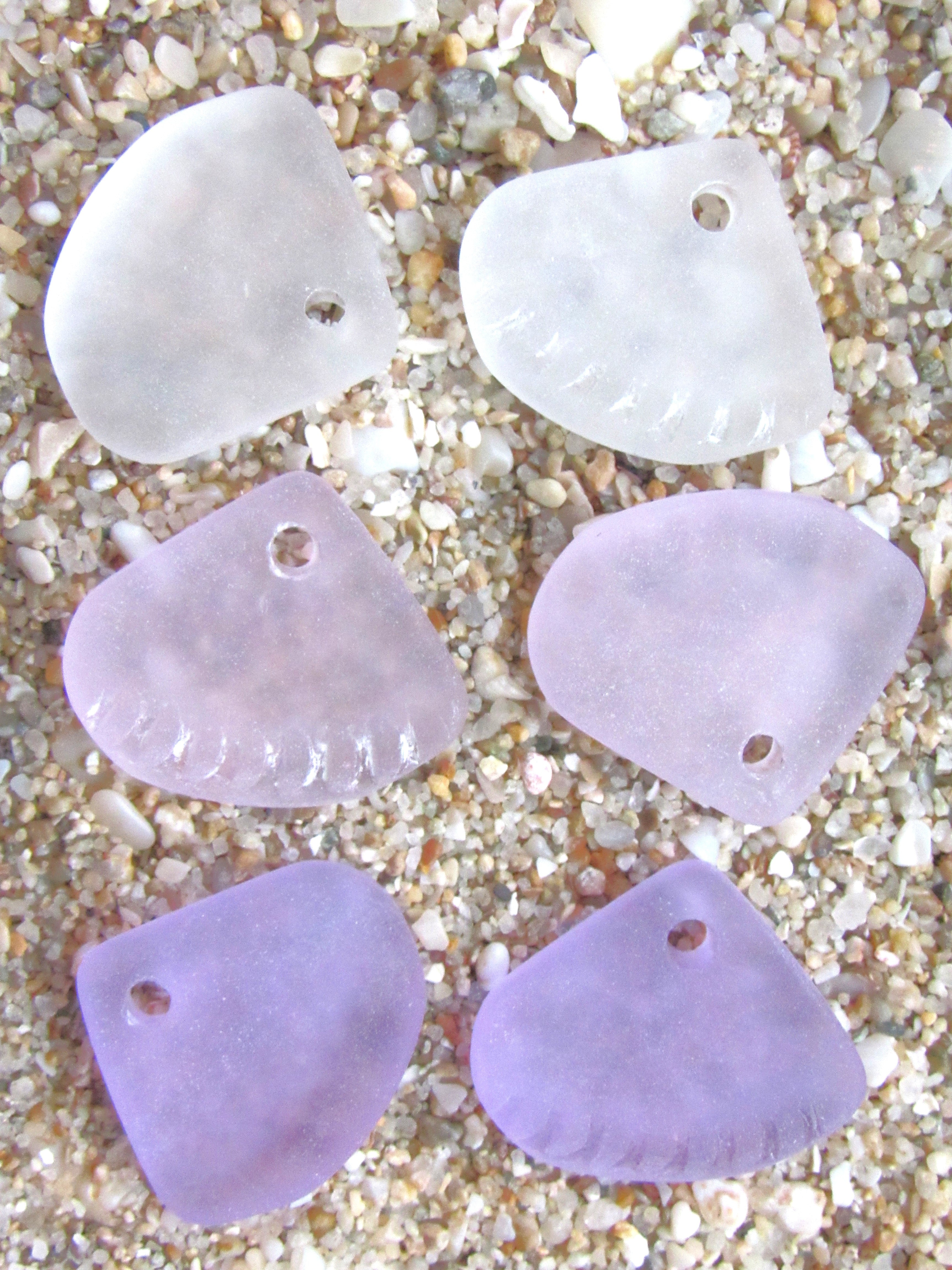 Cultured Sea Glass Pendants - 24x20mm Triangle, Light Pink Purple, Large 3mm hole, Making Jewelry (3 Pairs)