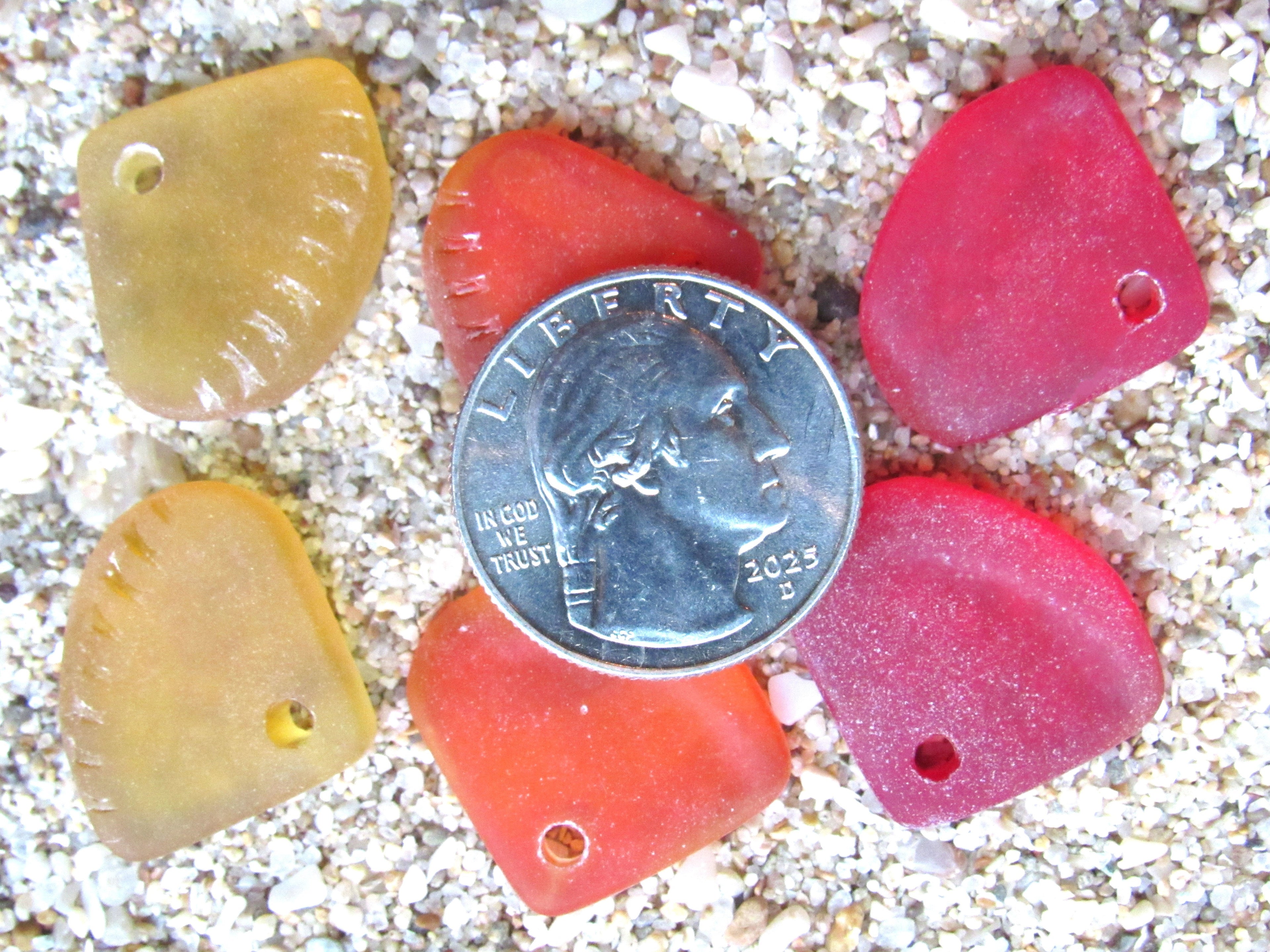 Cultured Sea Glass Pendants 24x20mm - Red Orange Yellow, Ridged Triangle, Large 3mm Hole, 3 Pairs (6 pcs)