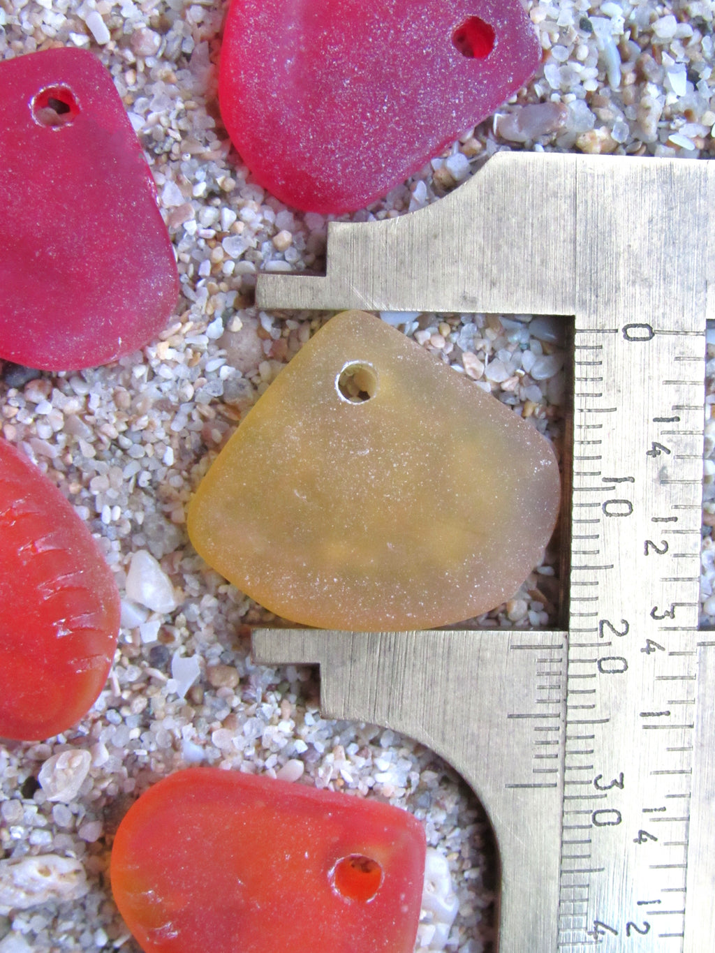 Cultured Sea Glass Pendants 24x20mm - Red Orange Yellow, Ridged Triangle, Large 3mm Hole, 3 Pairs (6 pcs)
