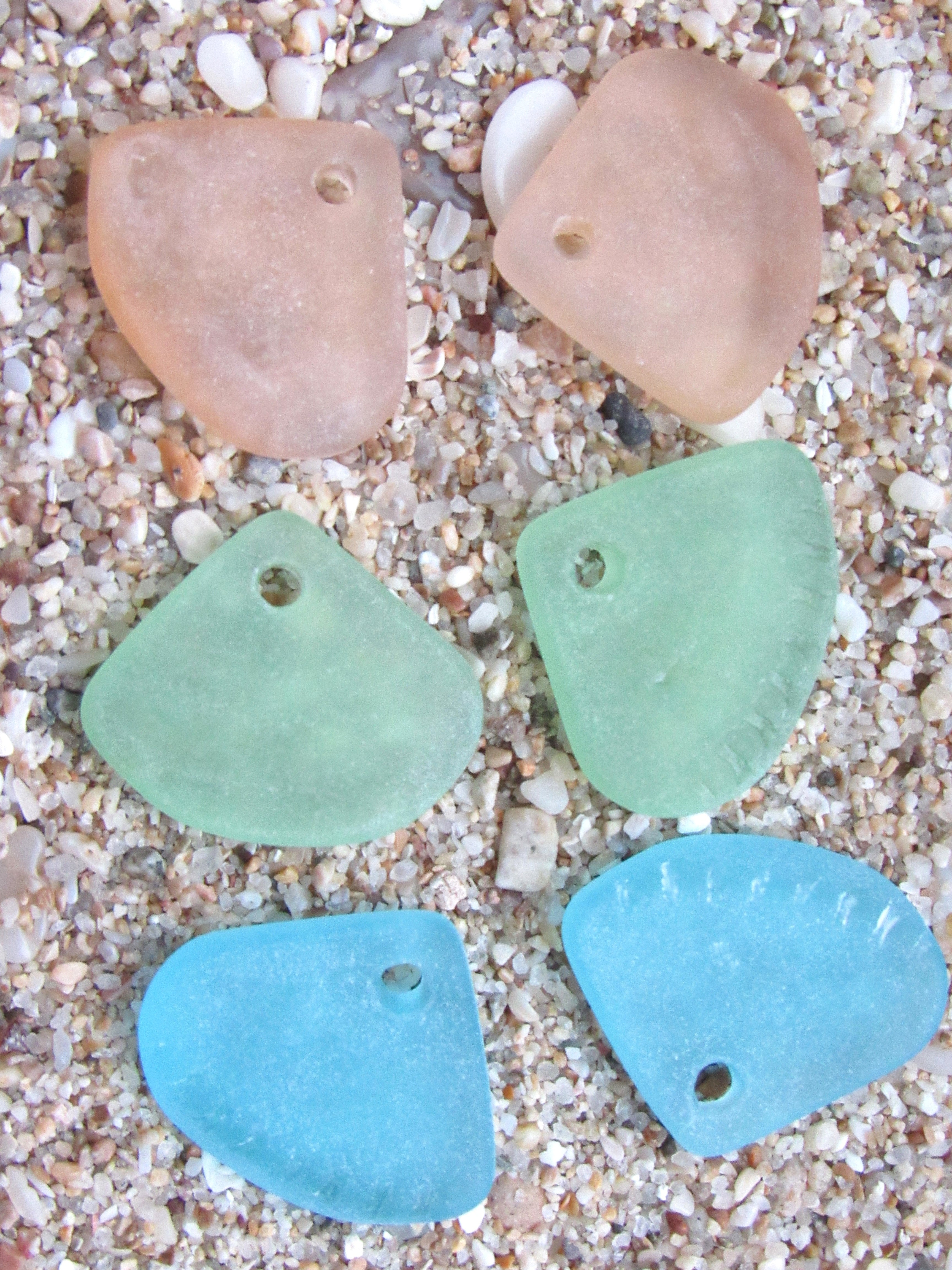 Cultured Sea Glass Pendants 24x20mm - Pastel colors, Ridged Triangle, Large 3mm Hole, 3 Pairs (6 pcs)