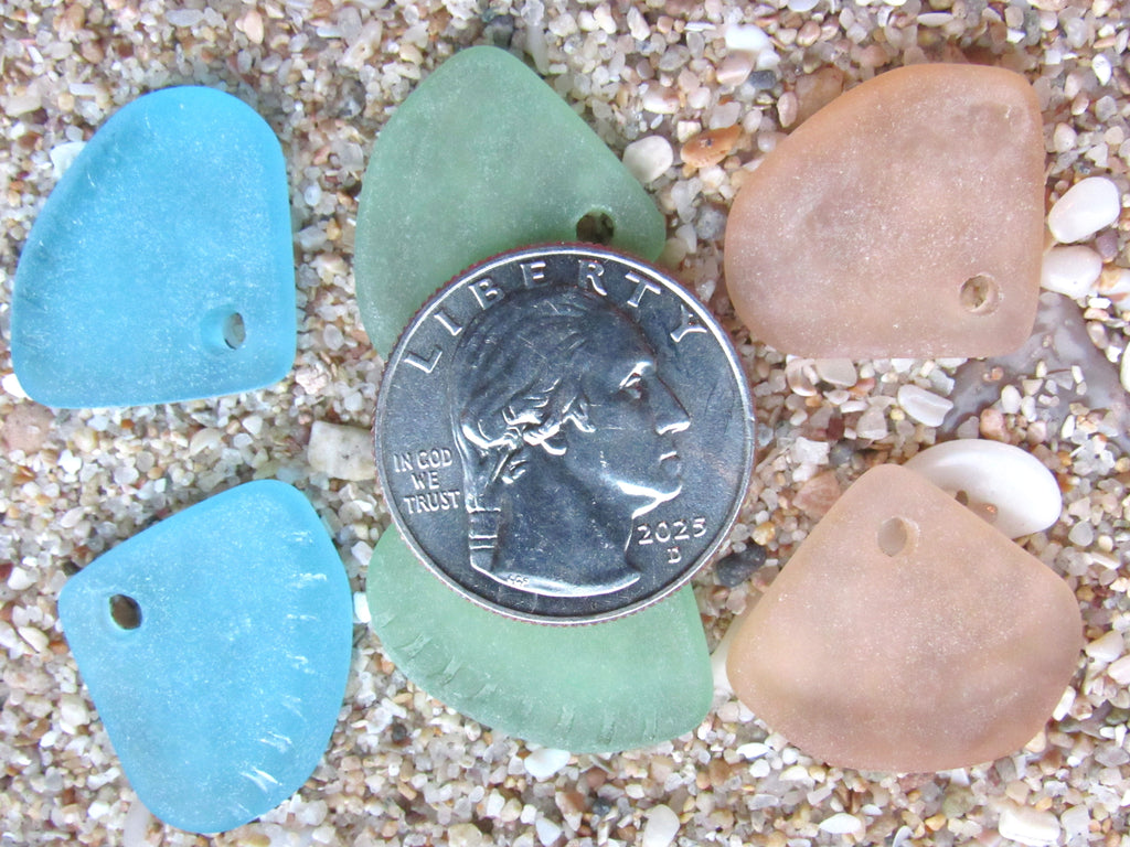Cultured Sea Glass Pendants 24x20mm - Pastel colors, Ridged Triangle, Large 3mm Hole, 3 Pairs (6 pcs)