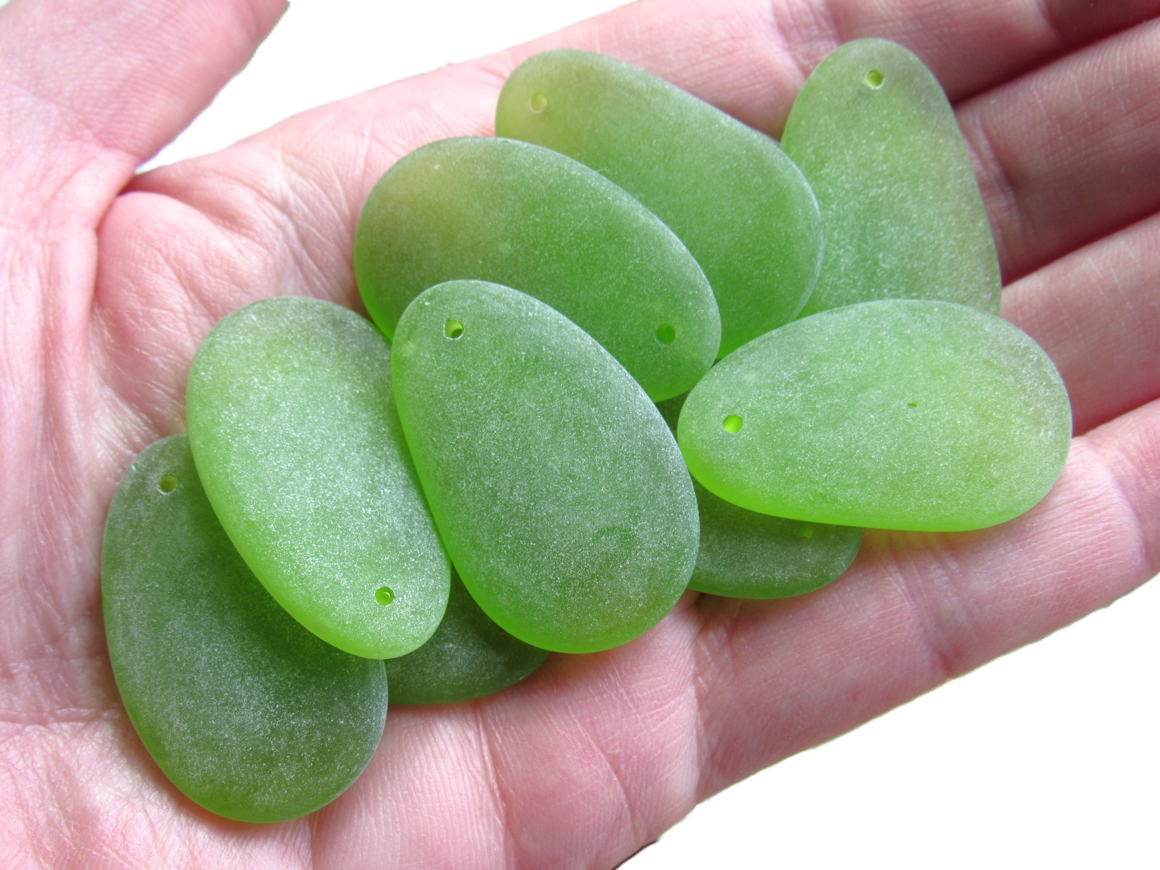 Cultured Sea Glass Oval Teardrop Pendants 33x20mm - Lime Green (6 Pieces)