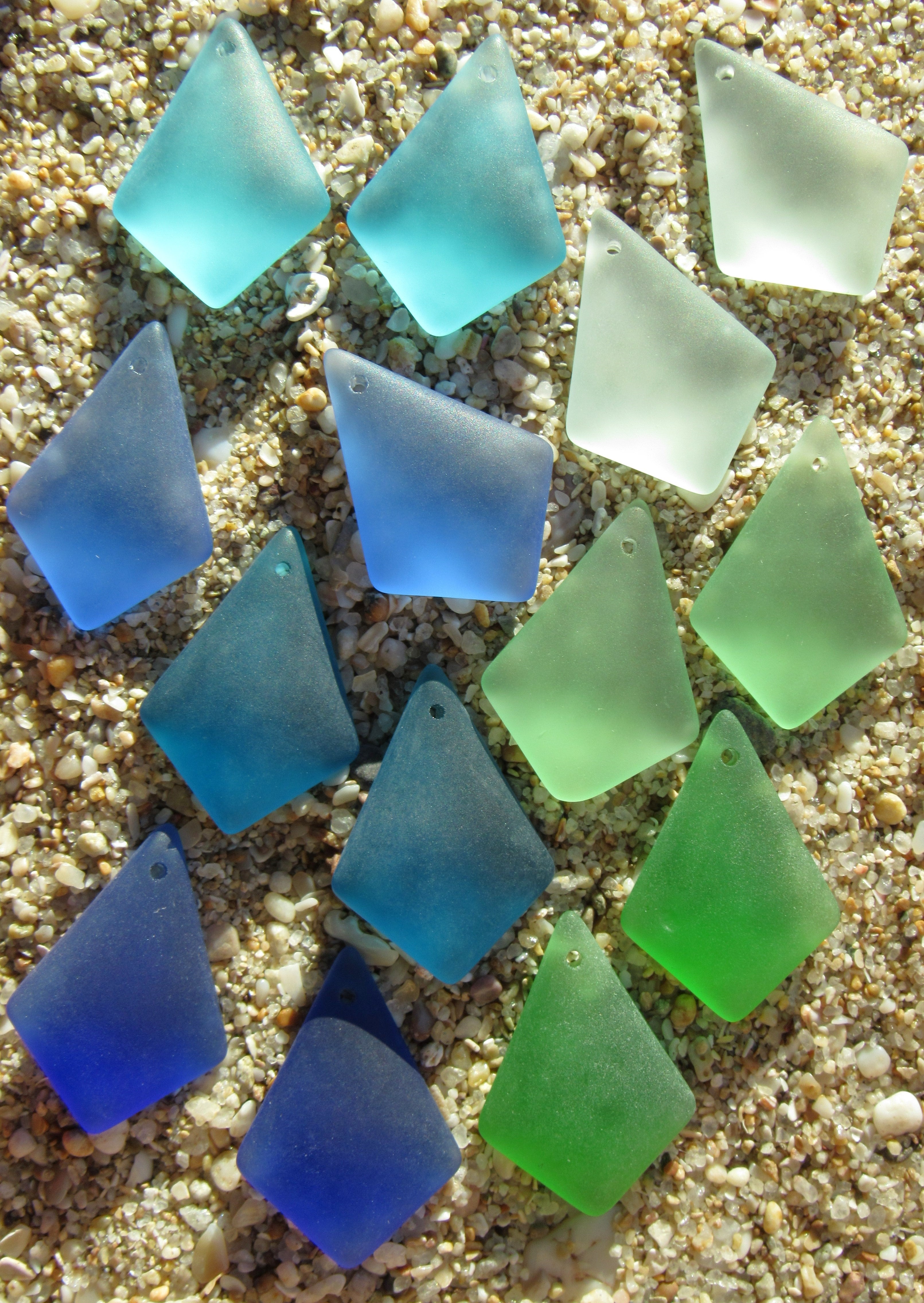 Sea Glass Diamond Pendants 28x20mm - Frosted Recycled Glass - 7 Pairs