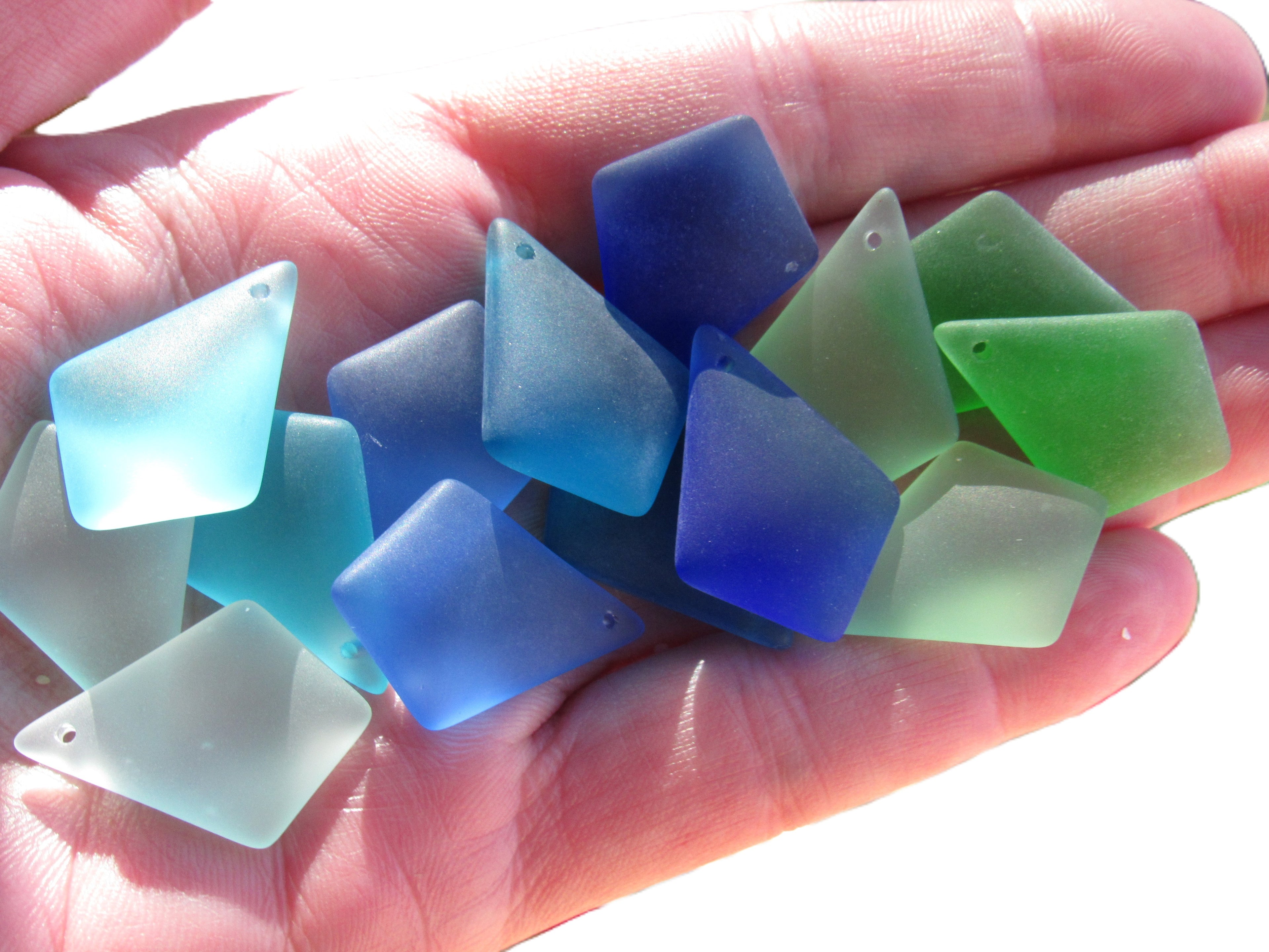 Sea Glass Diamond Pendants 28x20mm - Frosted Recycled Glass - 7 Pairs
