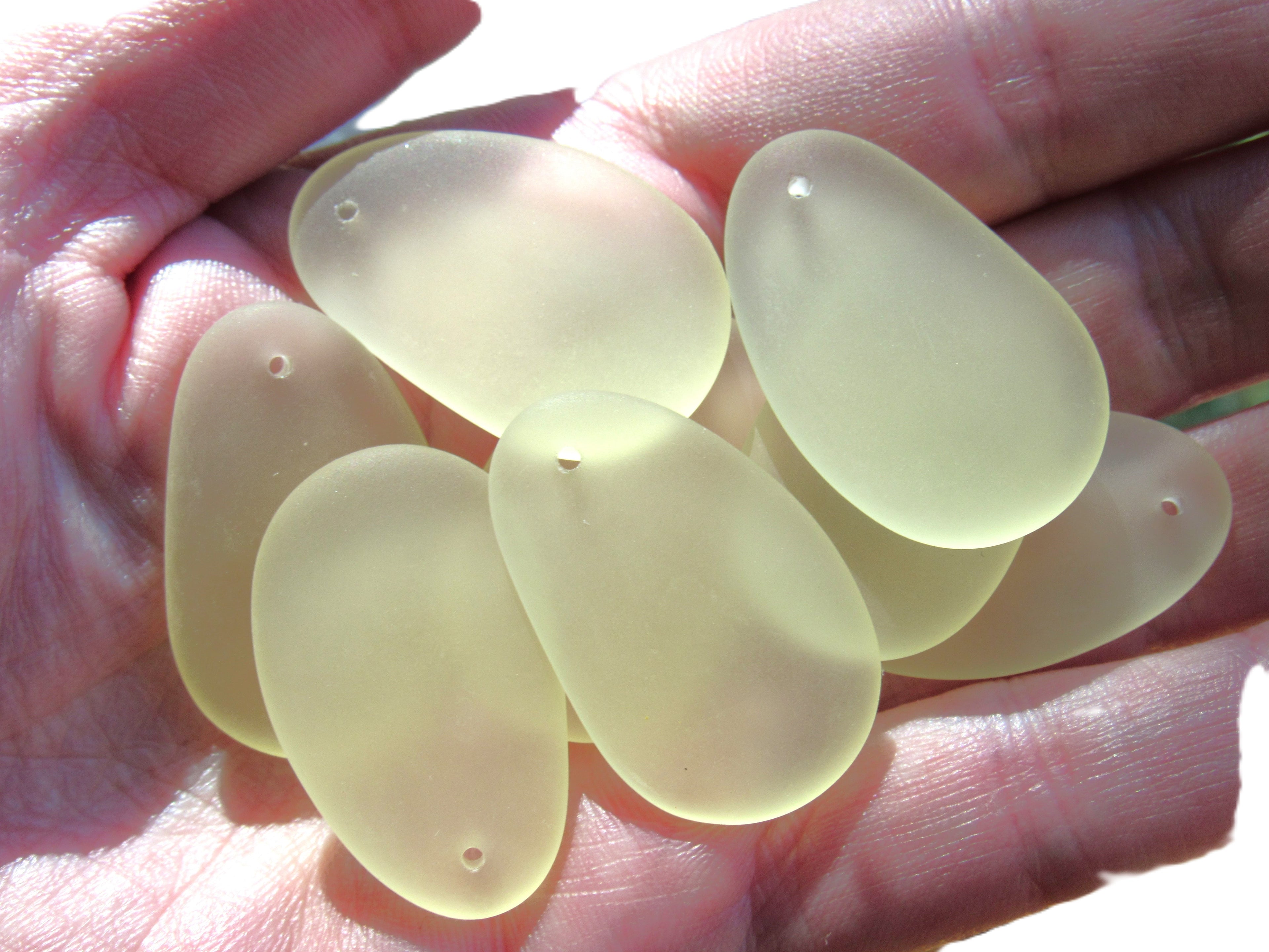 Cultured Sea Glass Oval Teardrop Pendants 33x20mm - Lemon Yellow (6 Pieces)