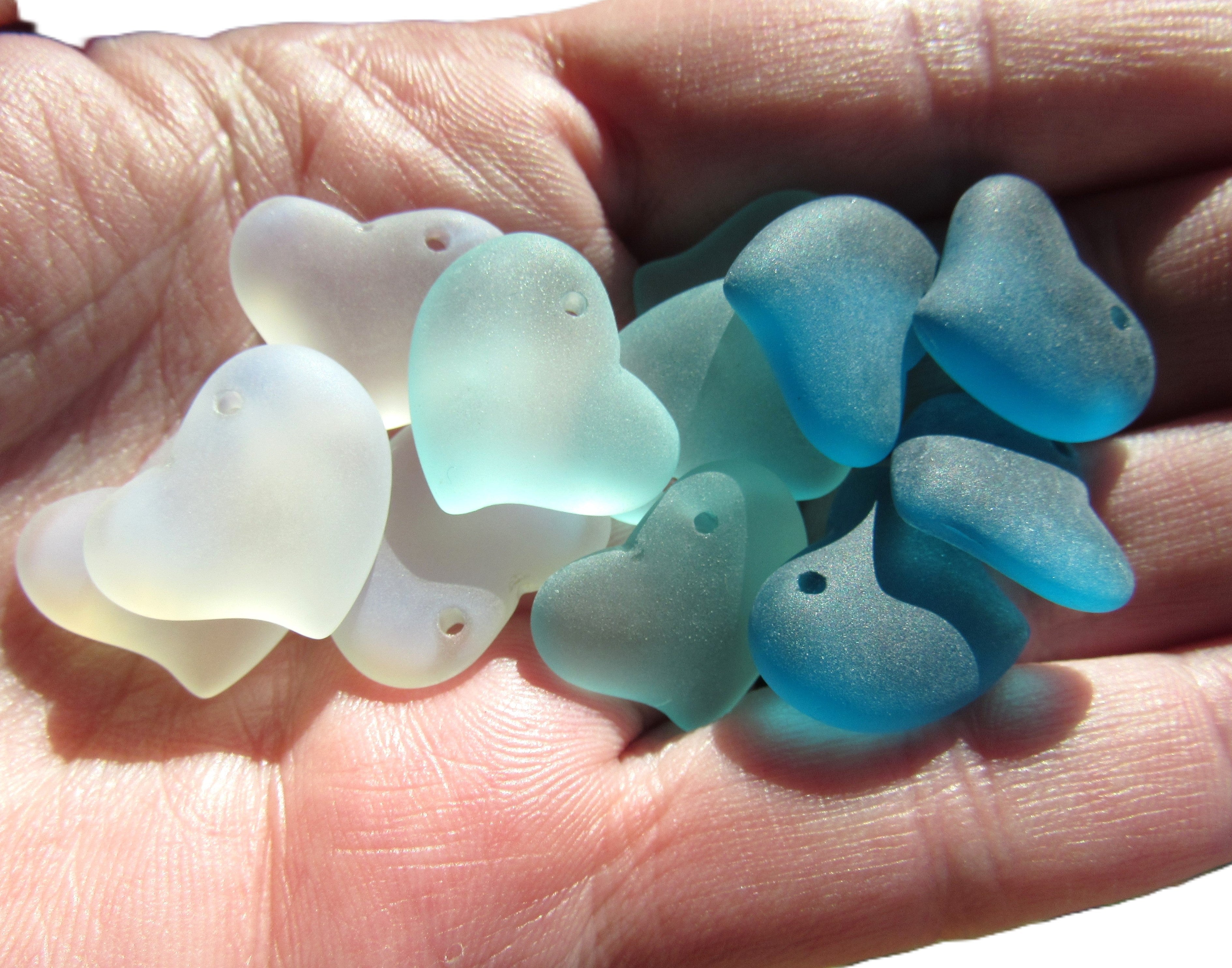 Cultured Sea Glass Puffed Heart Pendants - 18mm - Assorted Green & Teal - Frosted