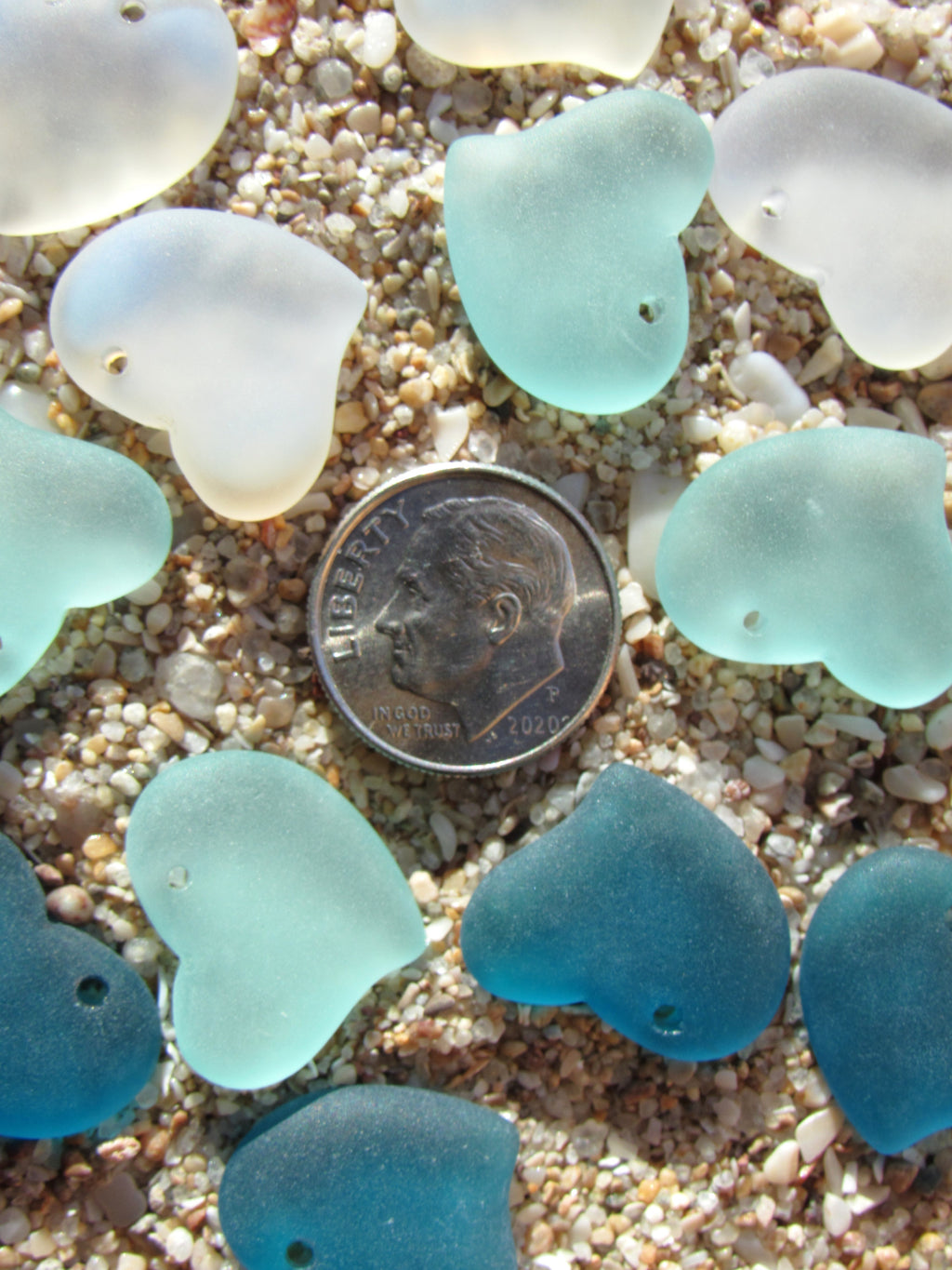 Cultured Sea Glass Puffed Heart Pendants - 18mm - Assorted Green & Teal - Frosted