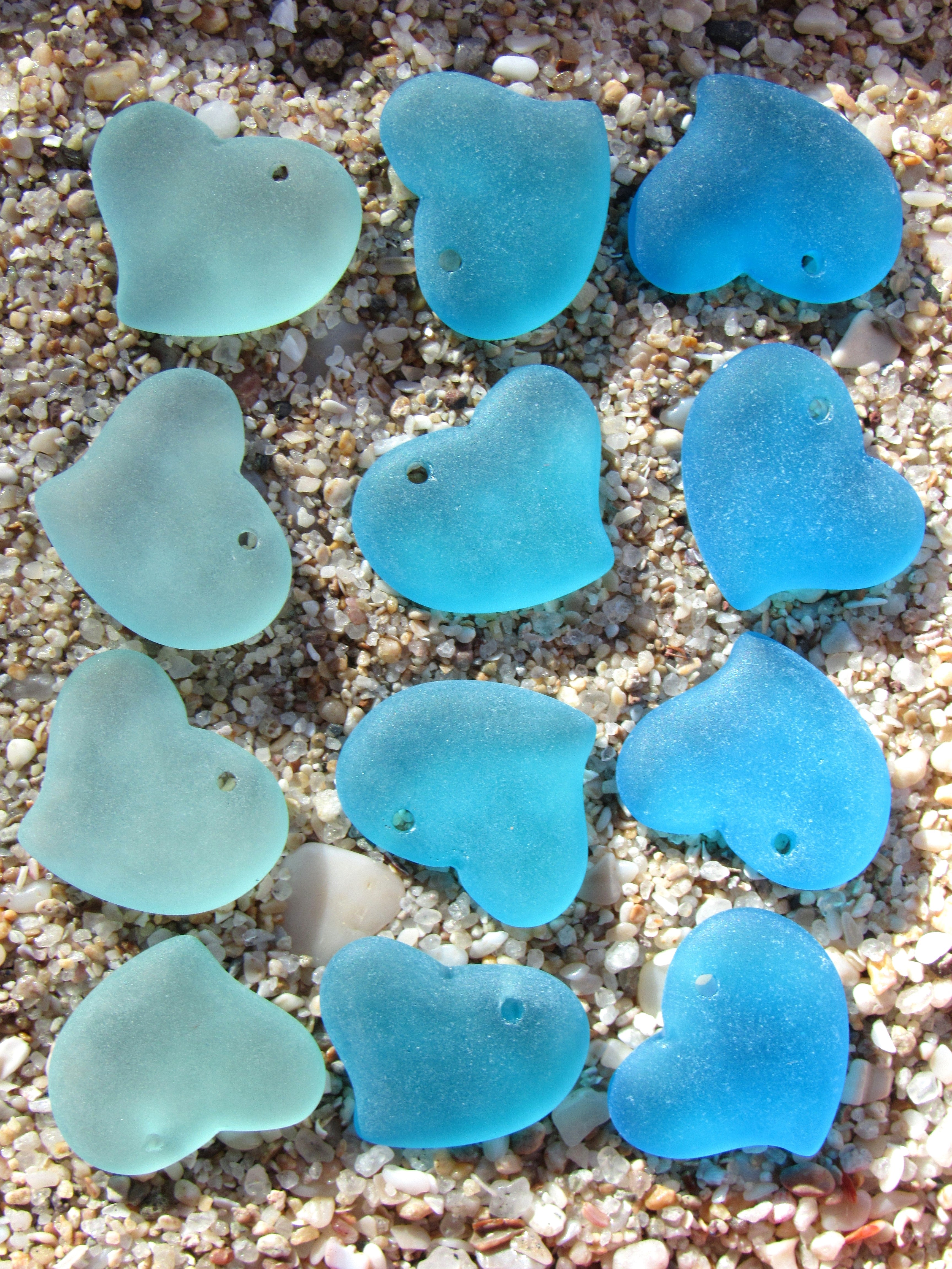 Cultured Sea Glass Puffed Heart Pendants - 18mm - Light Aqua colors - Jewelry making supplies