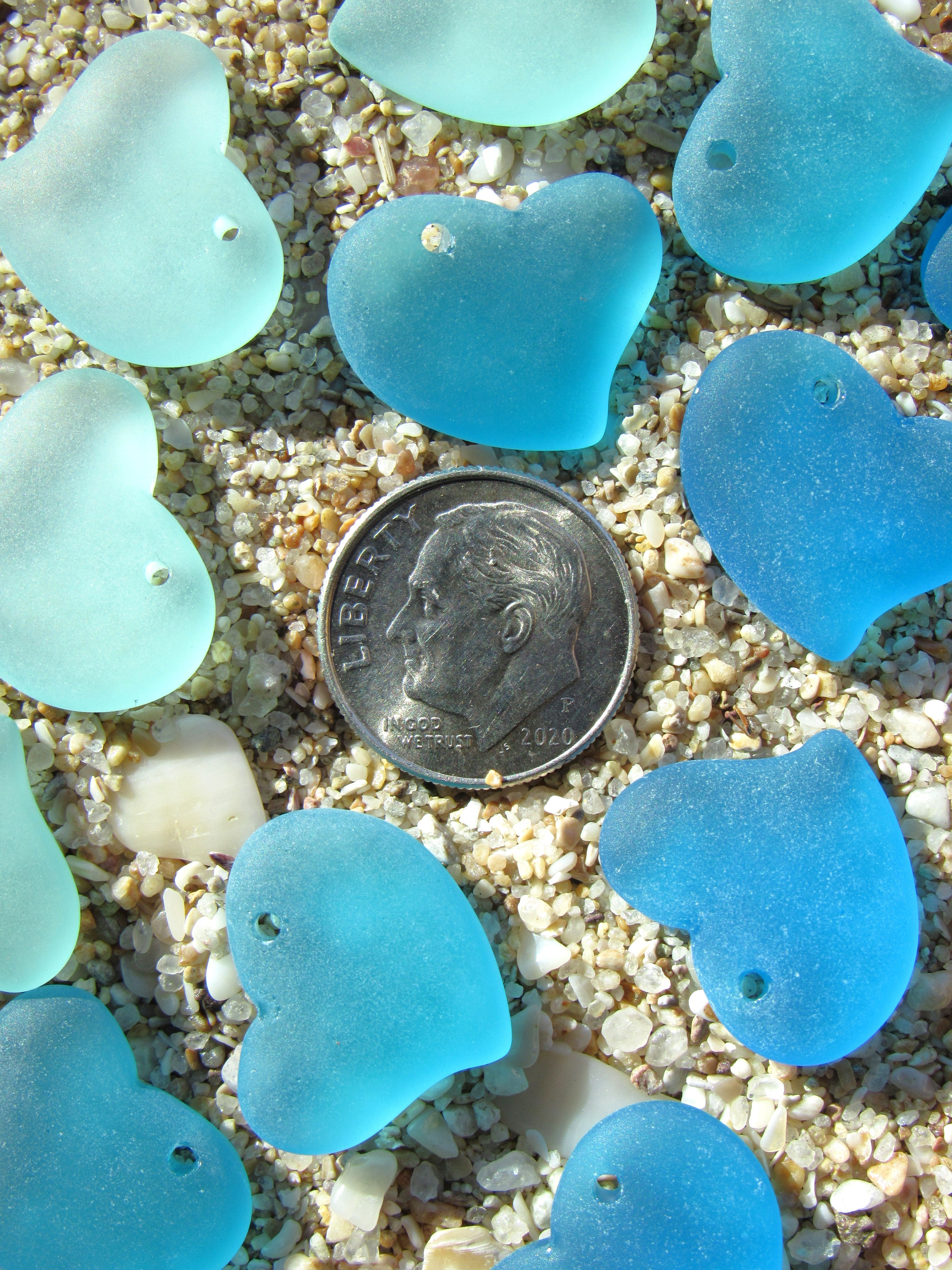 Cultured Sea Glass Puffed Heart Pendants - 18mm - Light Aqua colors - Jewelry making supplies