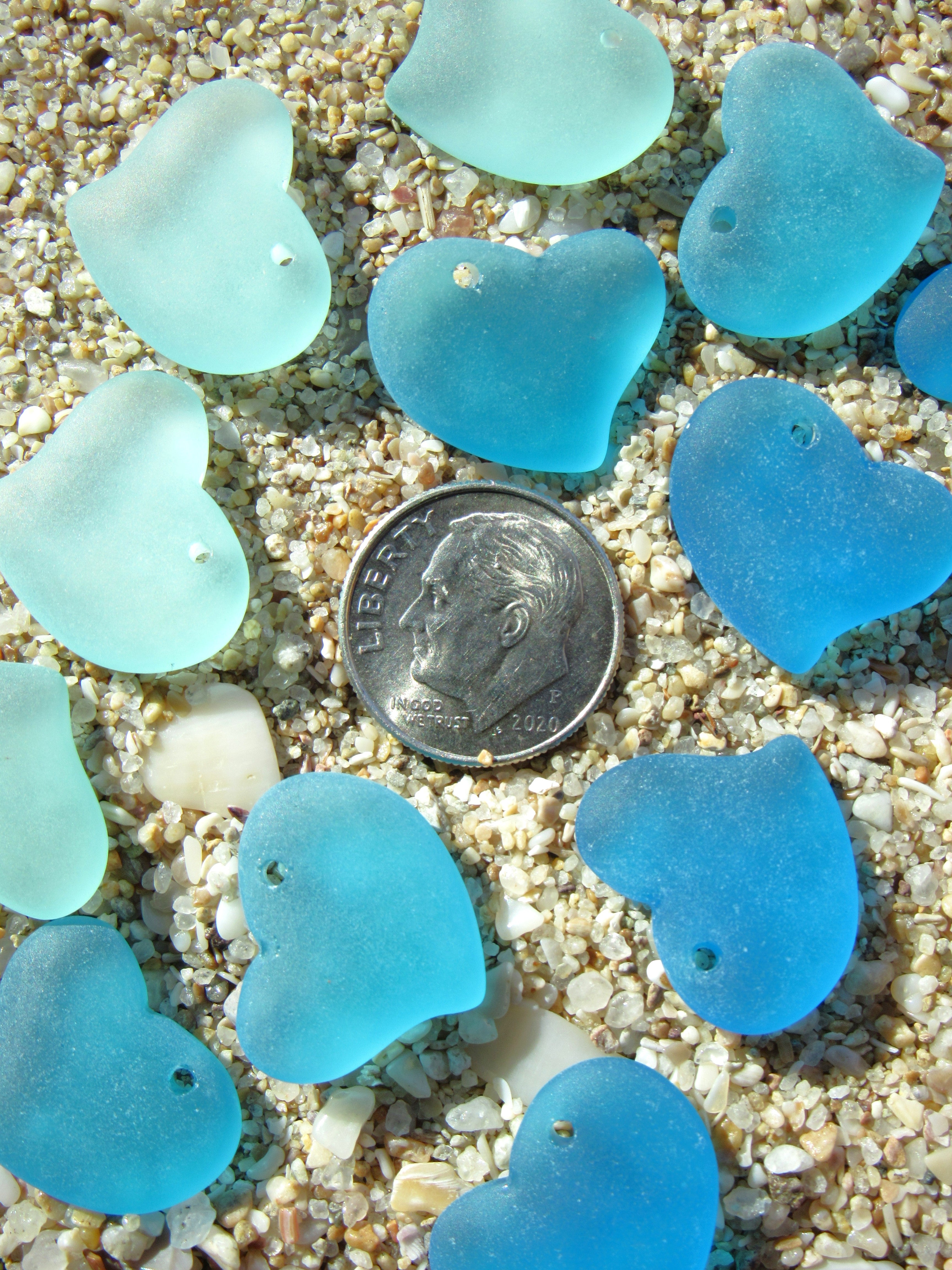 Cultured Sea Glass Puffed Heart Pendants - 18mm - Light Aqua colors - Jewelry making supplies