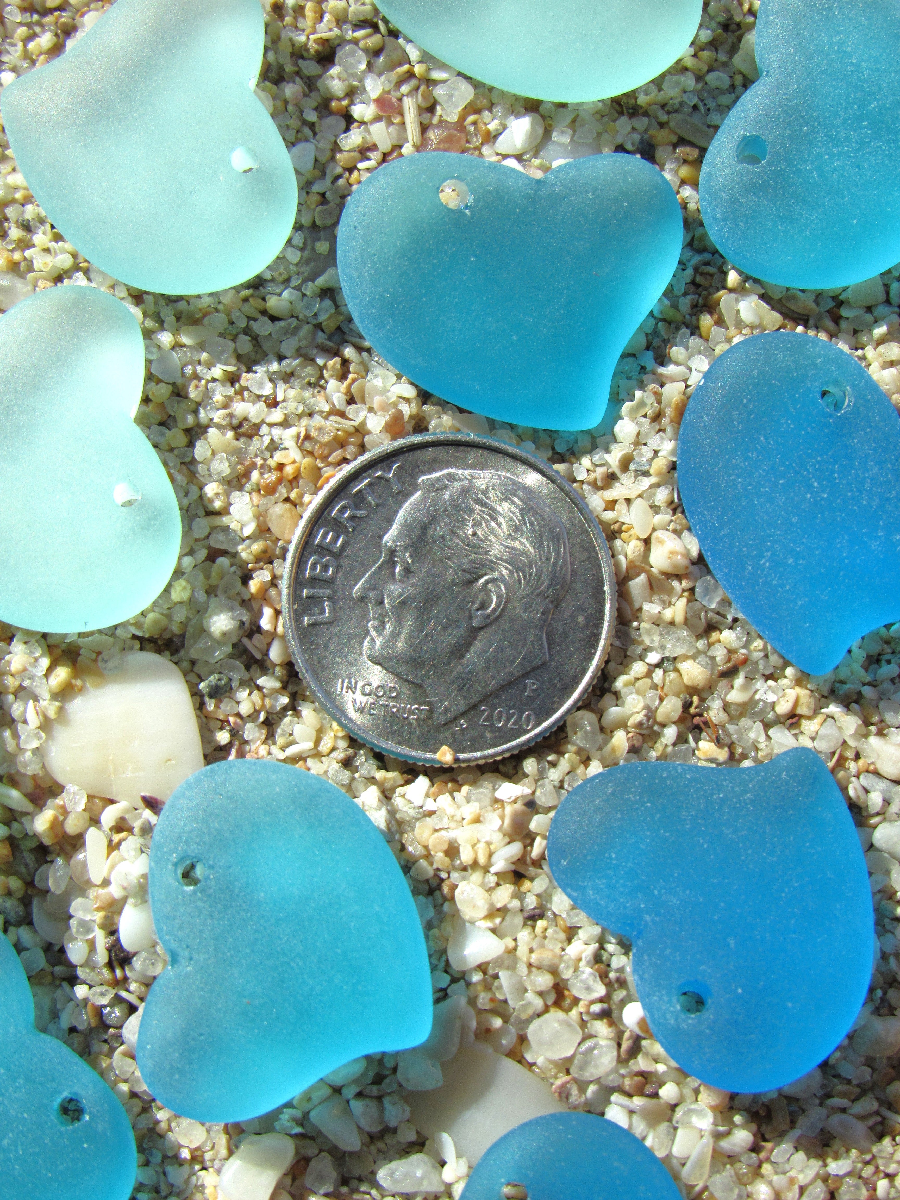 Cultured Sea Glass Puffed Heart Pendants - 18mm - Light Aqua colors - Jewelry making supplies