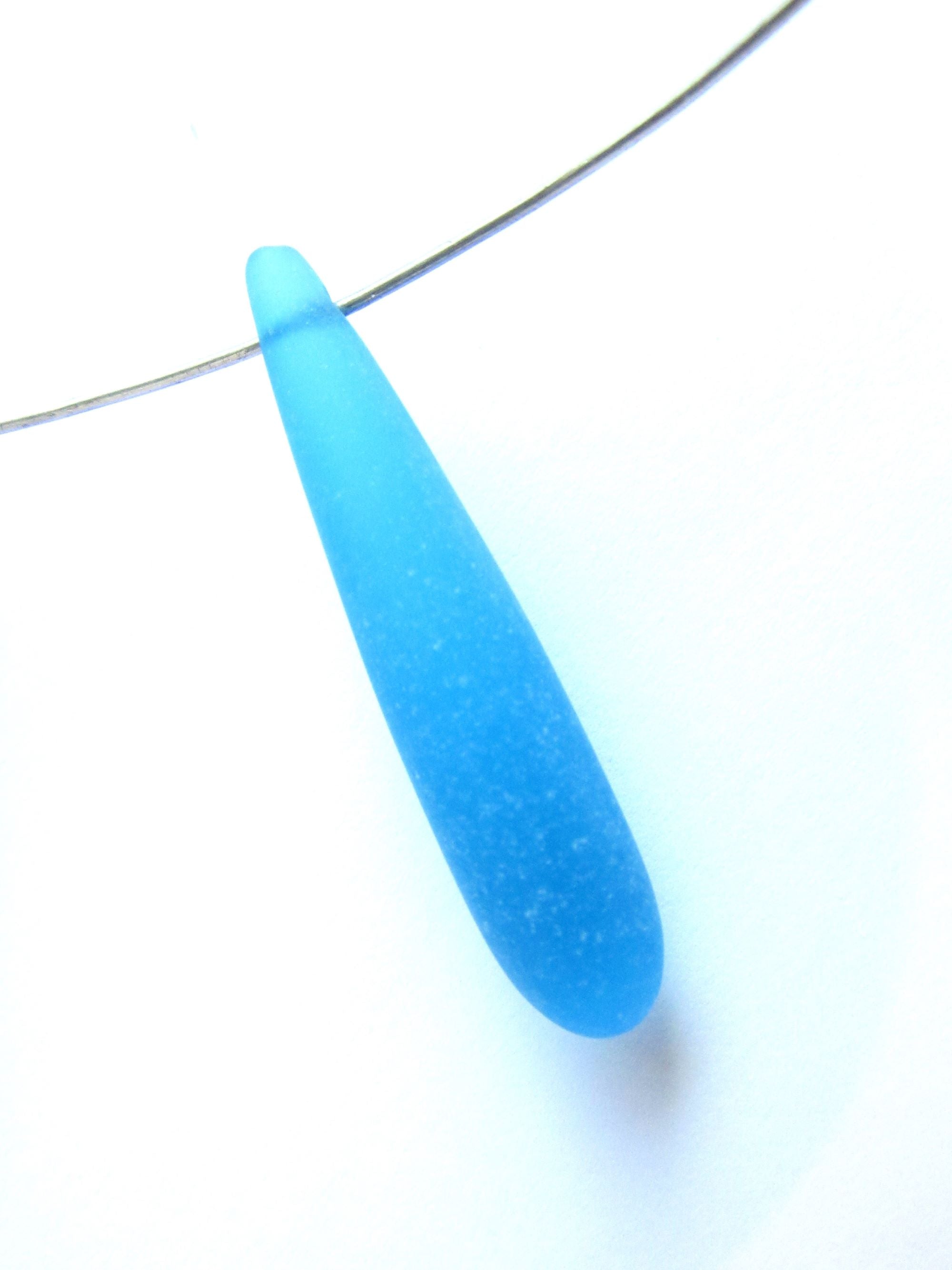 Cultured Sea Glass PENDANTS 37x8mm teardrop Pacific AQUA BLUE color top drilled rounded jewelry bead supply