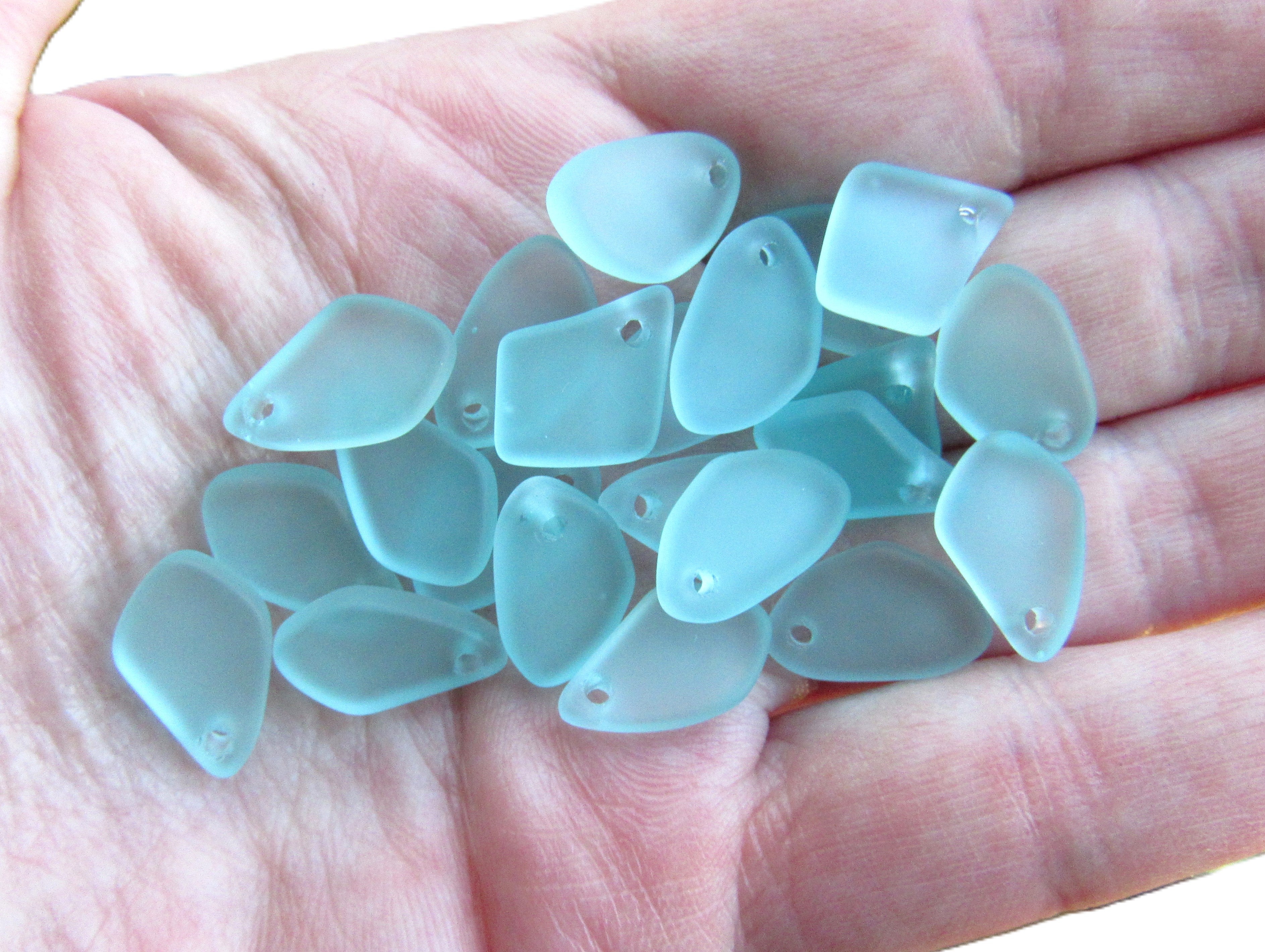 15mm Flat Frosted Sea Glass Finish Pendants - Light Seafoam Small top drilled - Jewelry Making Supplies